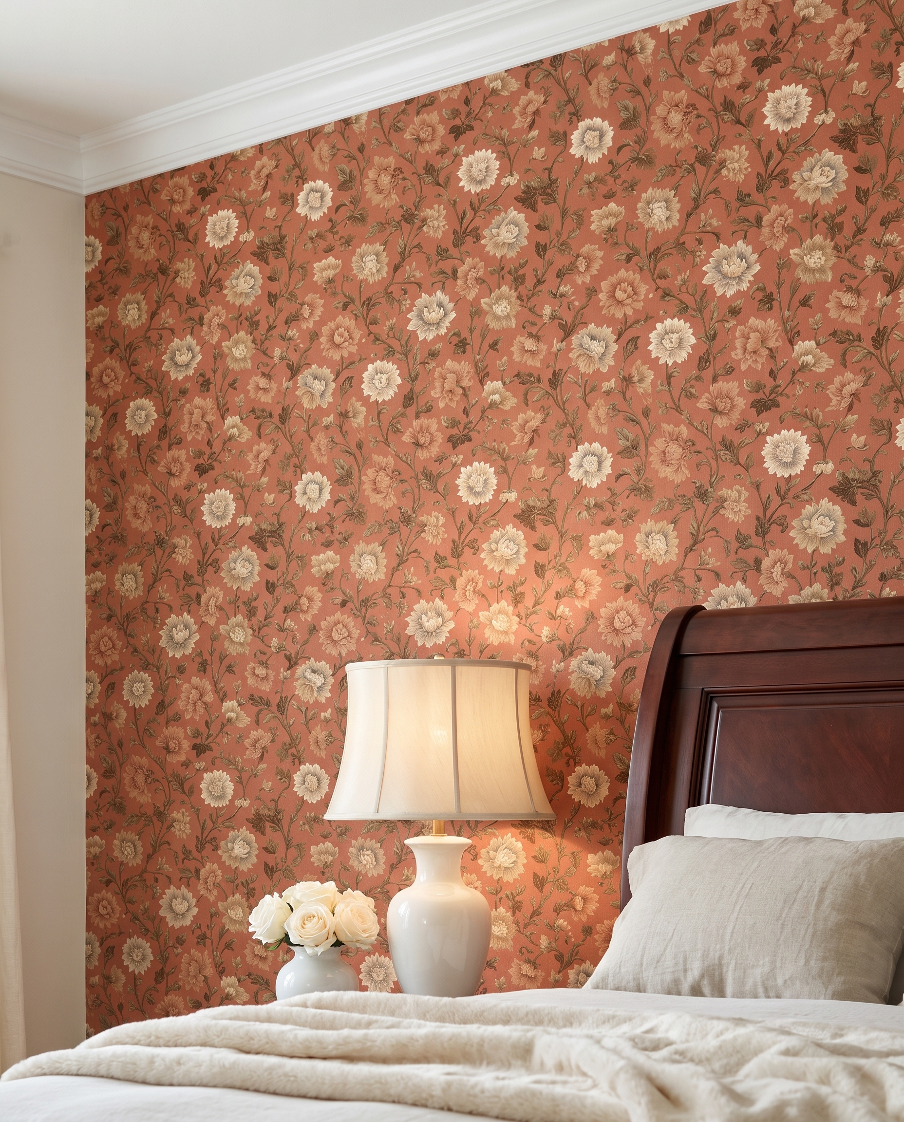 Vintage Chinoiserie Floral Wallpaper in Terracotta and Brown, Peel and Stick Wallpaper, Removable Wall Mural for a Sophisticated Accent Wall