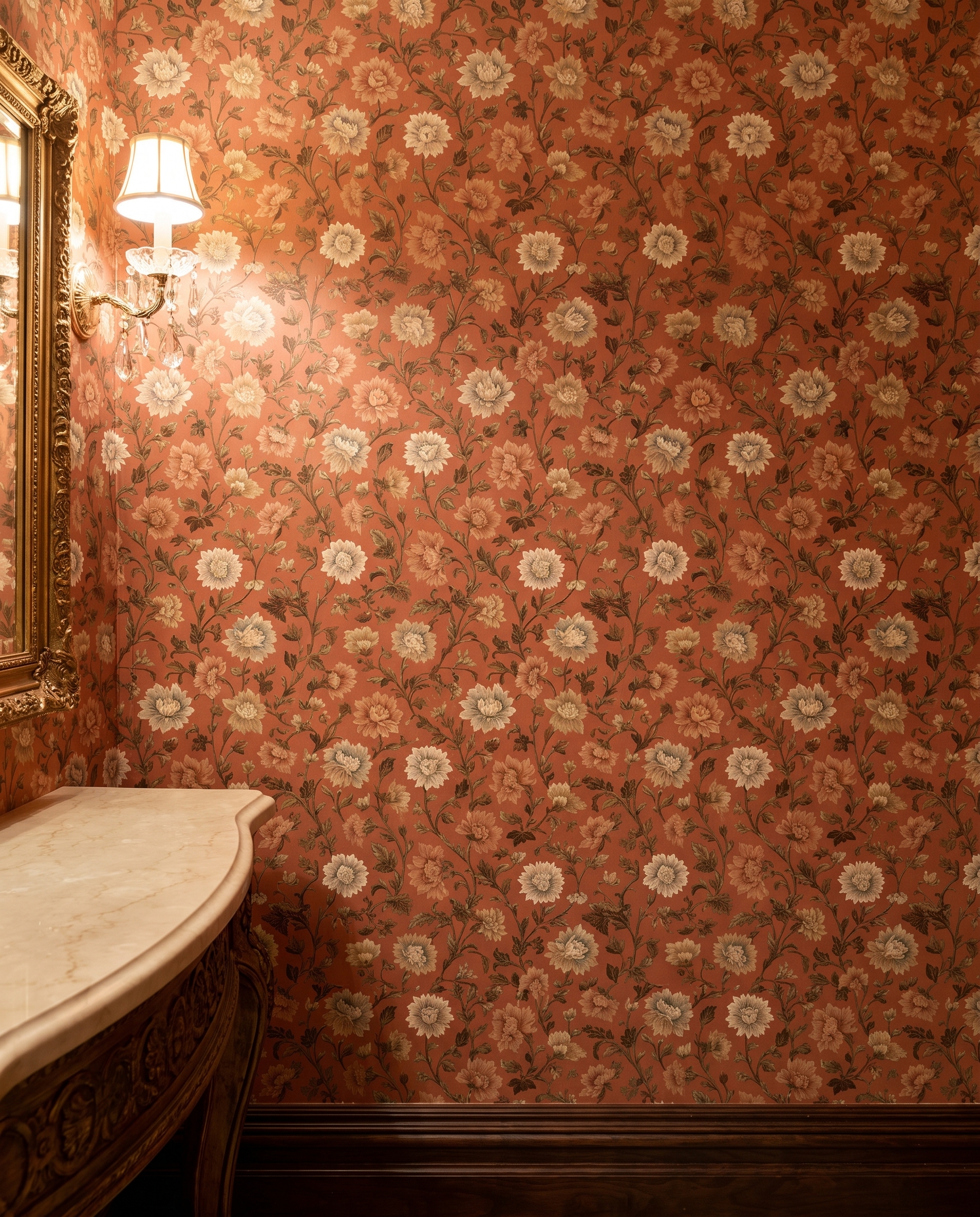Vintage Chinoiserie Floral Wallpaper in Terracotta and Brown, Peel and Stick Wallpaper, Removable Wall Mural for a Sophisticated Accent Wall