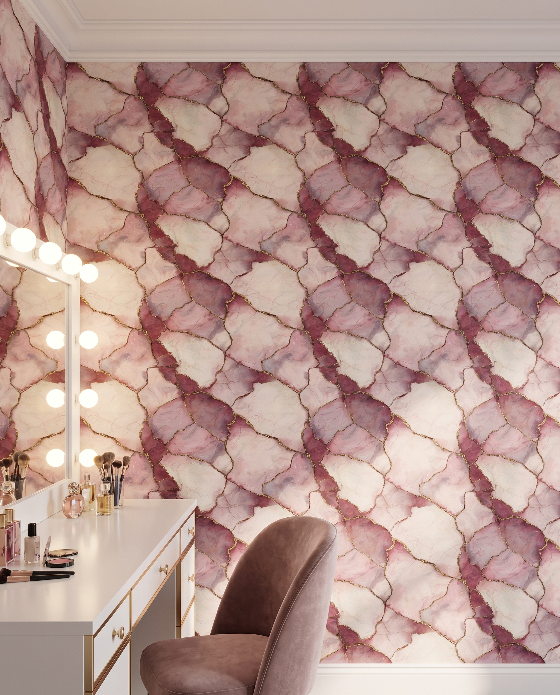 Pink and Gold Marble Kintsugi Wallpaper, Abstract Geode Self Adhesive Wall Mural, Removable Wallpaper for Bedroom Accent Wall