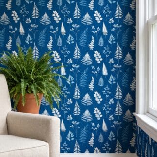 Cyanotype Botanical Wallpaper, Blue and White Fern and Floral Print, Removable Peel and Stick Wallpaper for a Bedroom Accent Wall