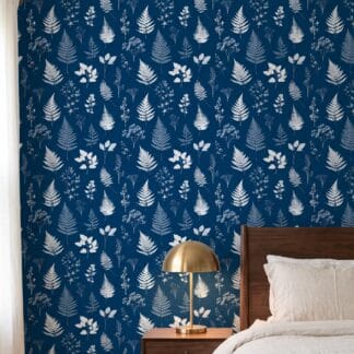 Botanical Fern and Leaf Print Wallpaper in Navy Blue, Cyanotype Style Peel and Stick Wallpaper, Removable Wall Mural for Bedroom Accent Wall