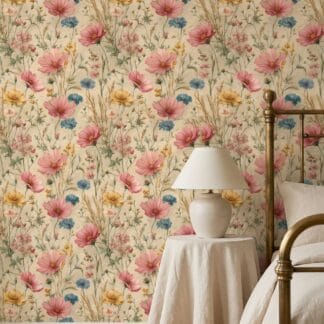Vintage Wildflower Meadow Wallpaper with Pink Cosmos and Blue Cornflowers, Removable Peel and Stick Wallpaper for a Bedroom Accent Wall