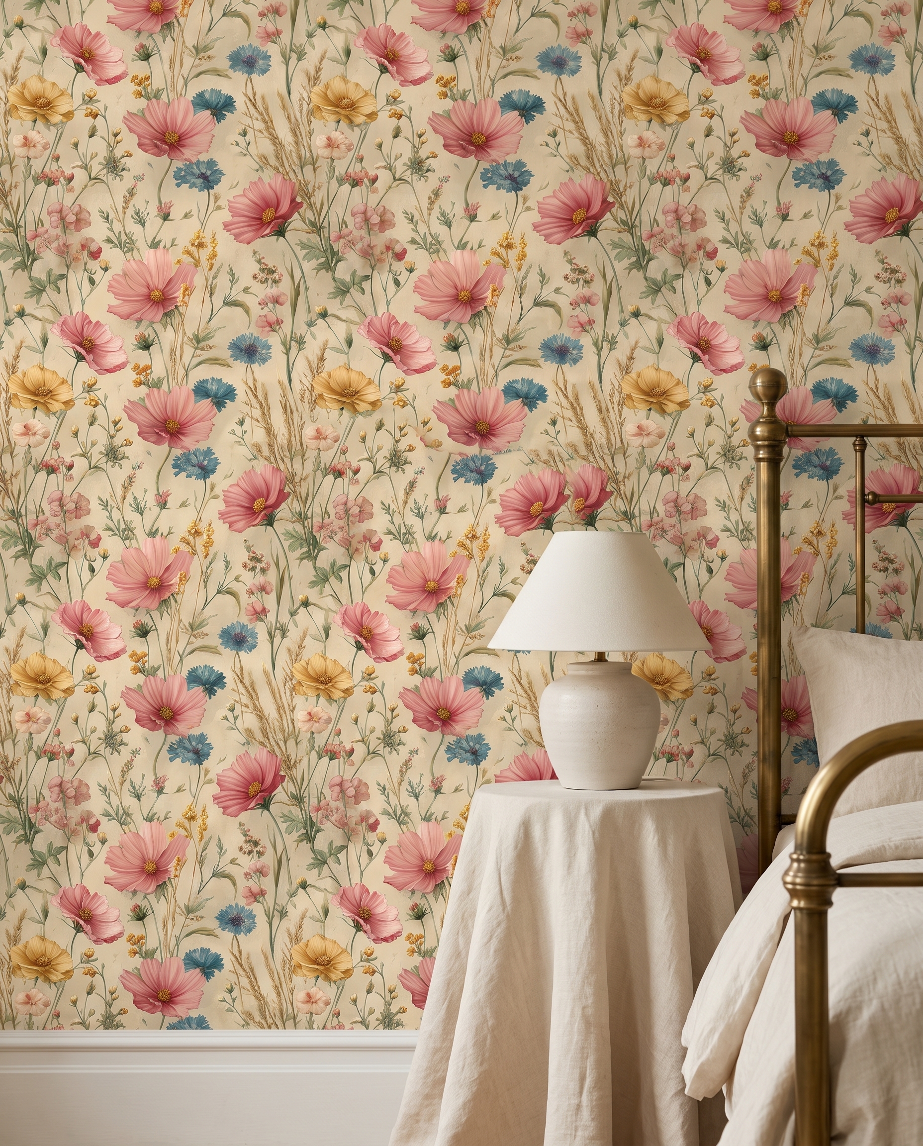 Vintage Wildflower Meadow Wallpaper with Pink Cosmos and Blue Cornflowers, Removable Peel and Stick Wallpaper for a Bedroom Accent Wall