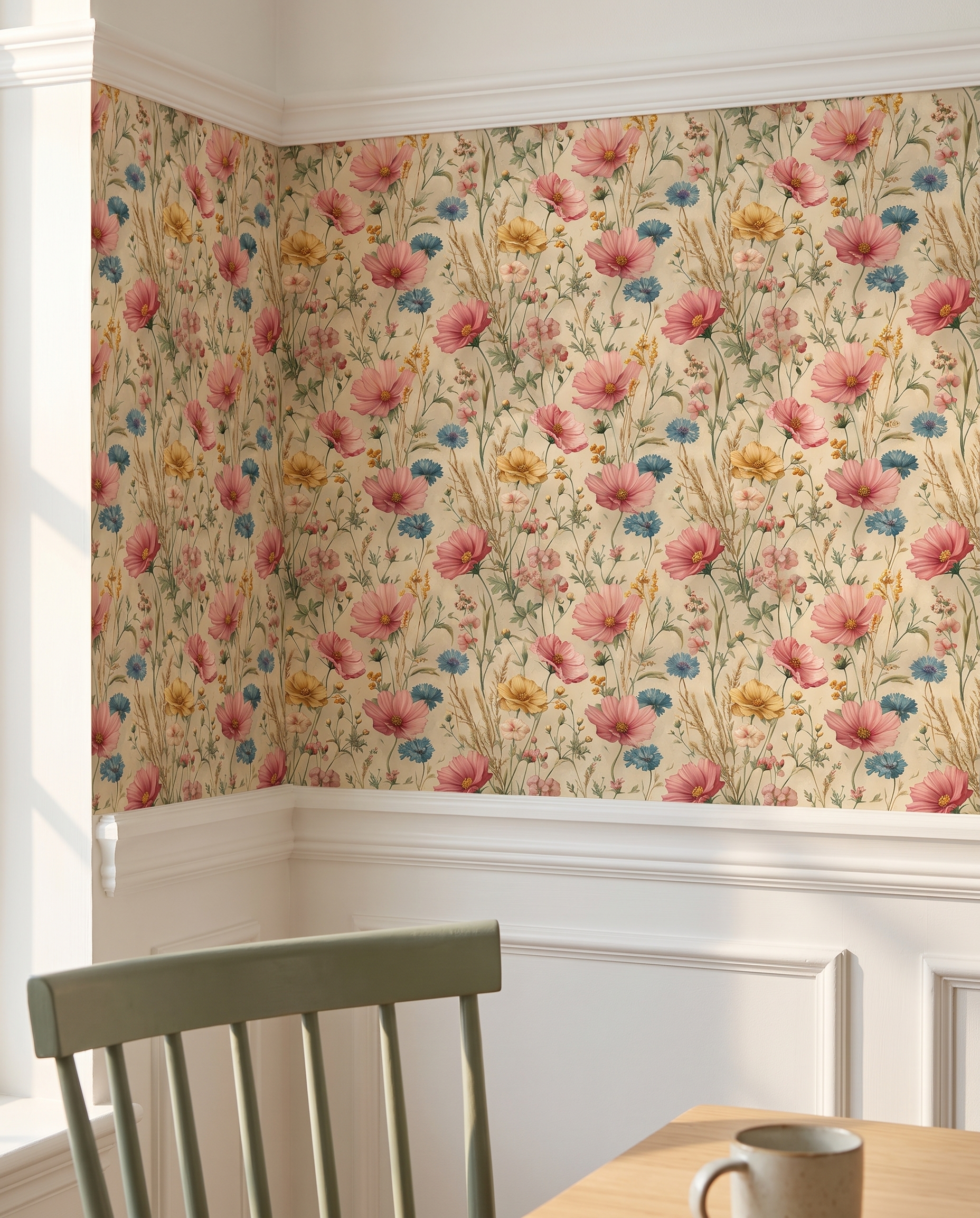 Vintage Wildflower Meadow Wallpaper with Pink Cosmos and Blue Cornflowers, Removable Peel and Stick Wallpaper for a Bedroom Accent Wall