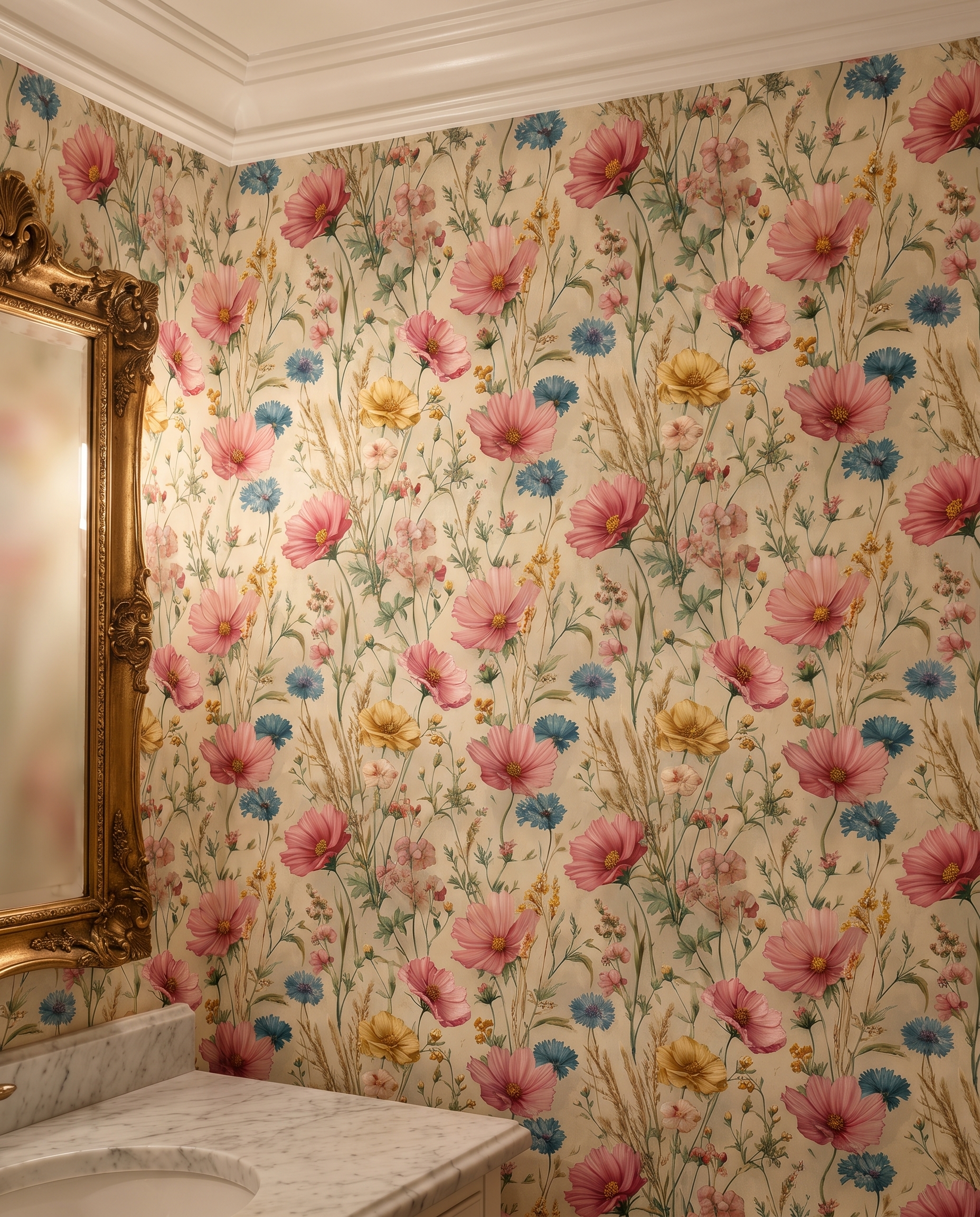 Vintage Wildflower Meadow Wallpaper with Pink Cosmos and Blue Cornflowers, Removable Peel and Stick Wallpaper for a Bedroom Accent Wall