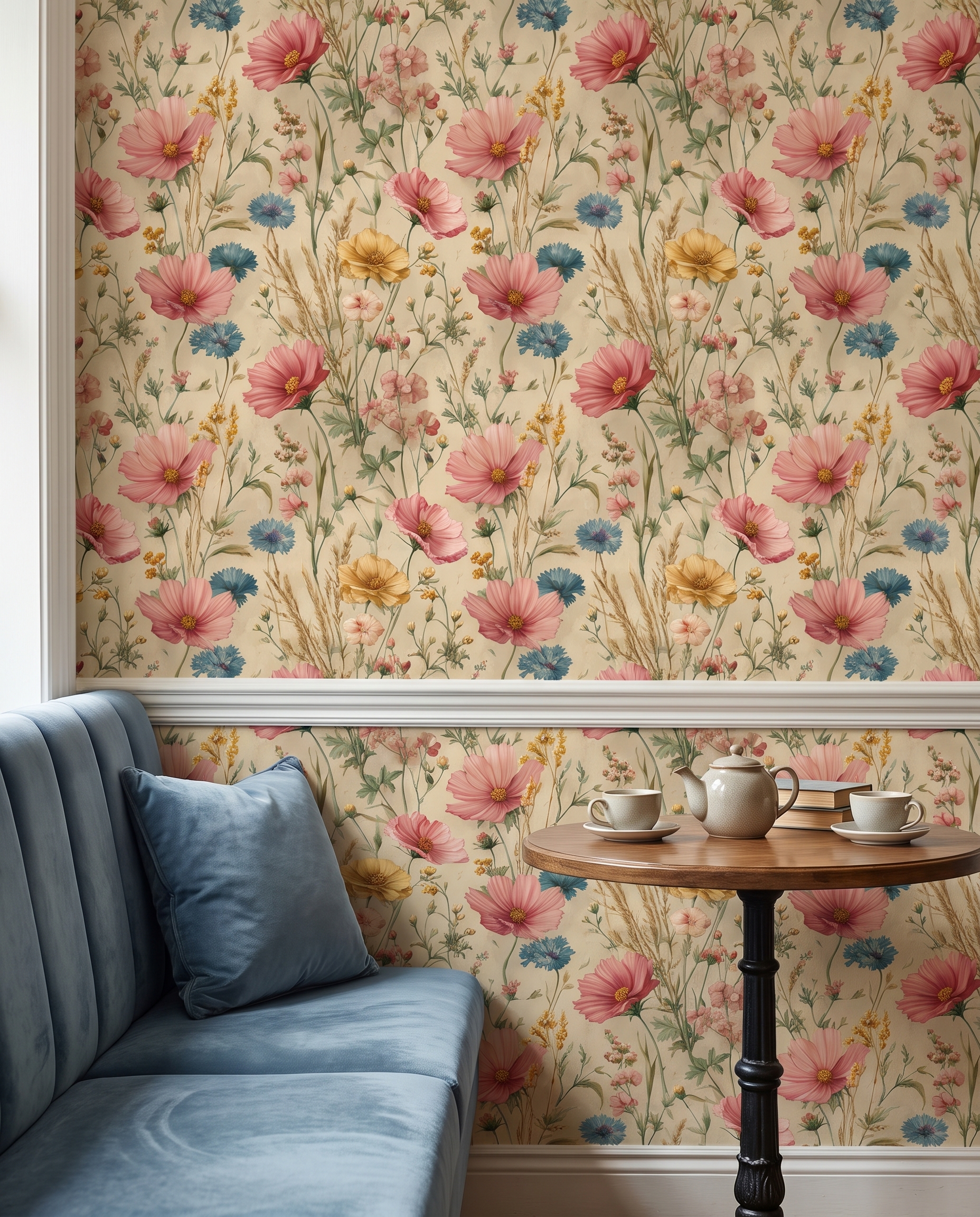 Vintage Wildflower Meadow Wallpaper with Pink Cosmos and Blue Cornflowers, Removable Peel and Stick Wallpaper for a Bedroom Accent Wall