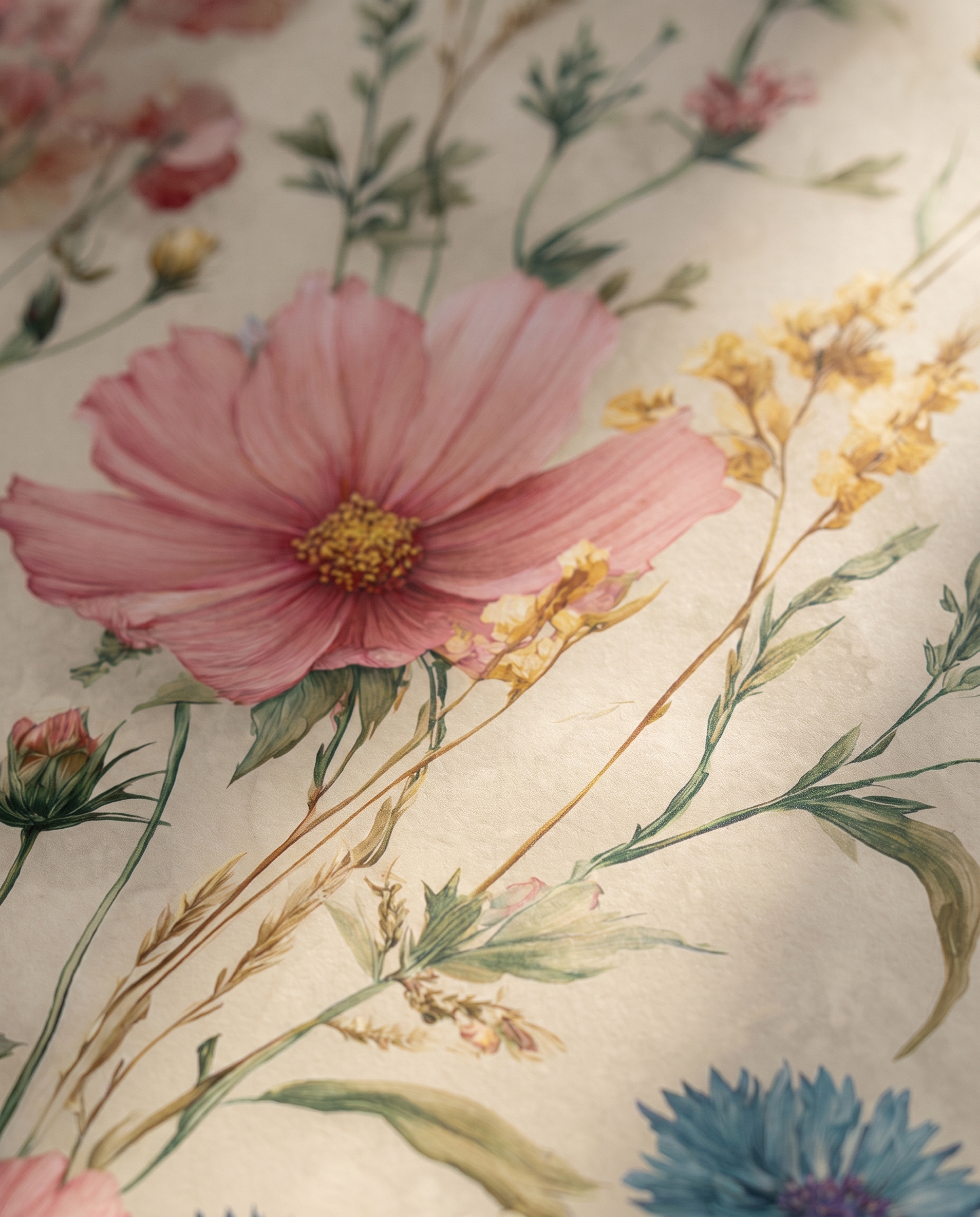 Vintage Wildflower Meadow Wallpaper with Pink Cosmos and Blue Cornflowers, Removable Peel and Stick Wallpaper for a Bedroom Accent Wall