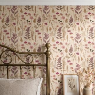 Vintage Pressed Flowers Wallpaper with Pink Pansies and Ferns, Neutral Botanical Peel and Stick Wallpaper for a Cottagecore Bedroom Accent Wall