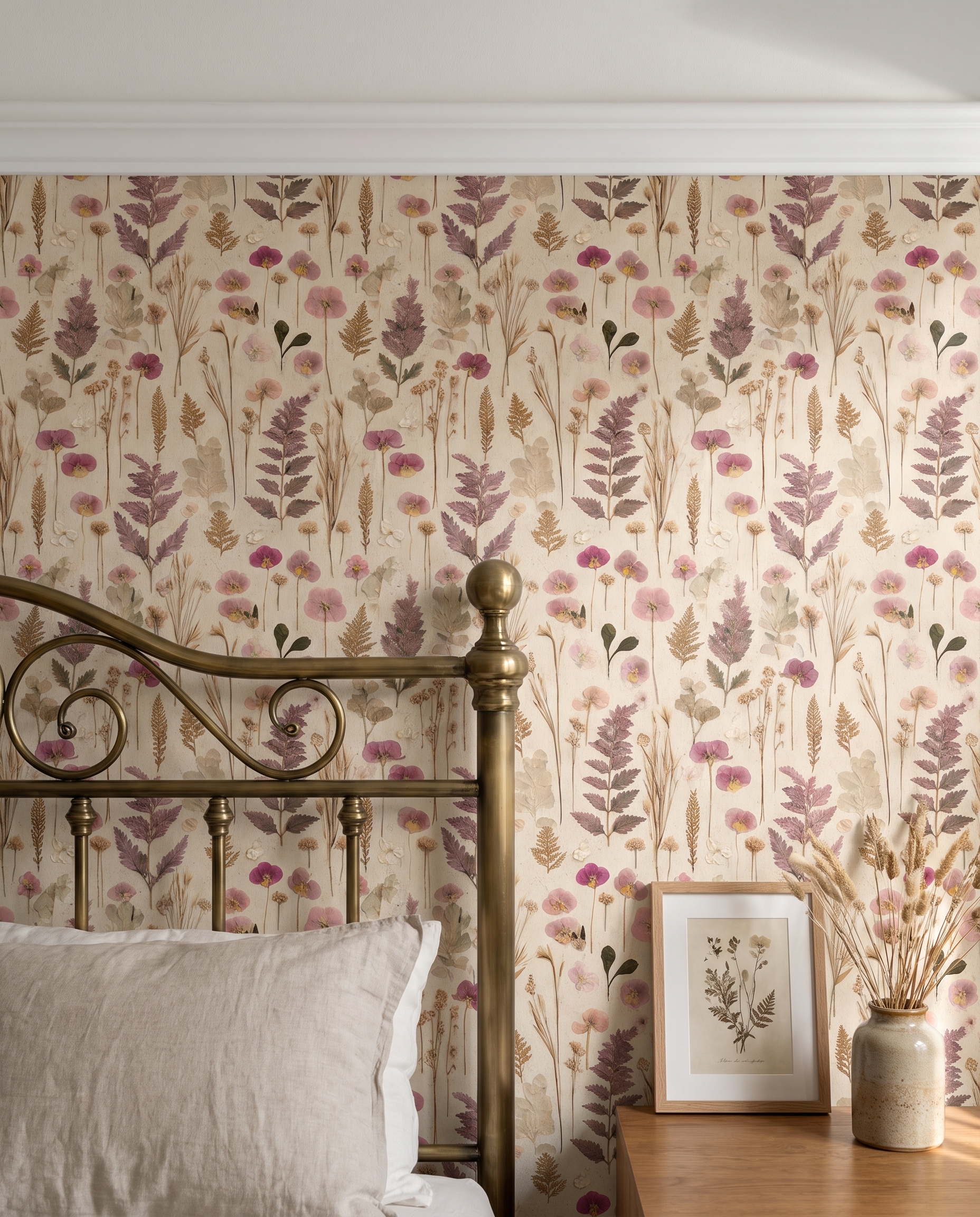 Vintage Pressed Flowers Wallpaper with Pink Pansies and Ferns, Neutral Botanical Peel and Stick Wallpaper for a Cottagecore Bedroom Accent Wall