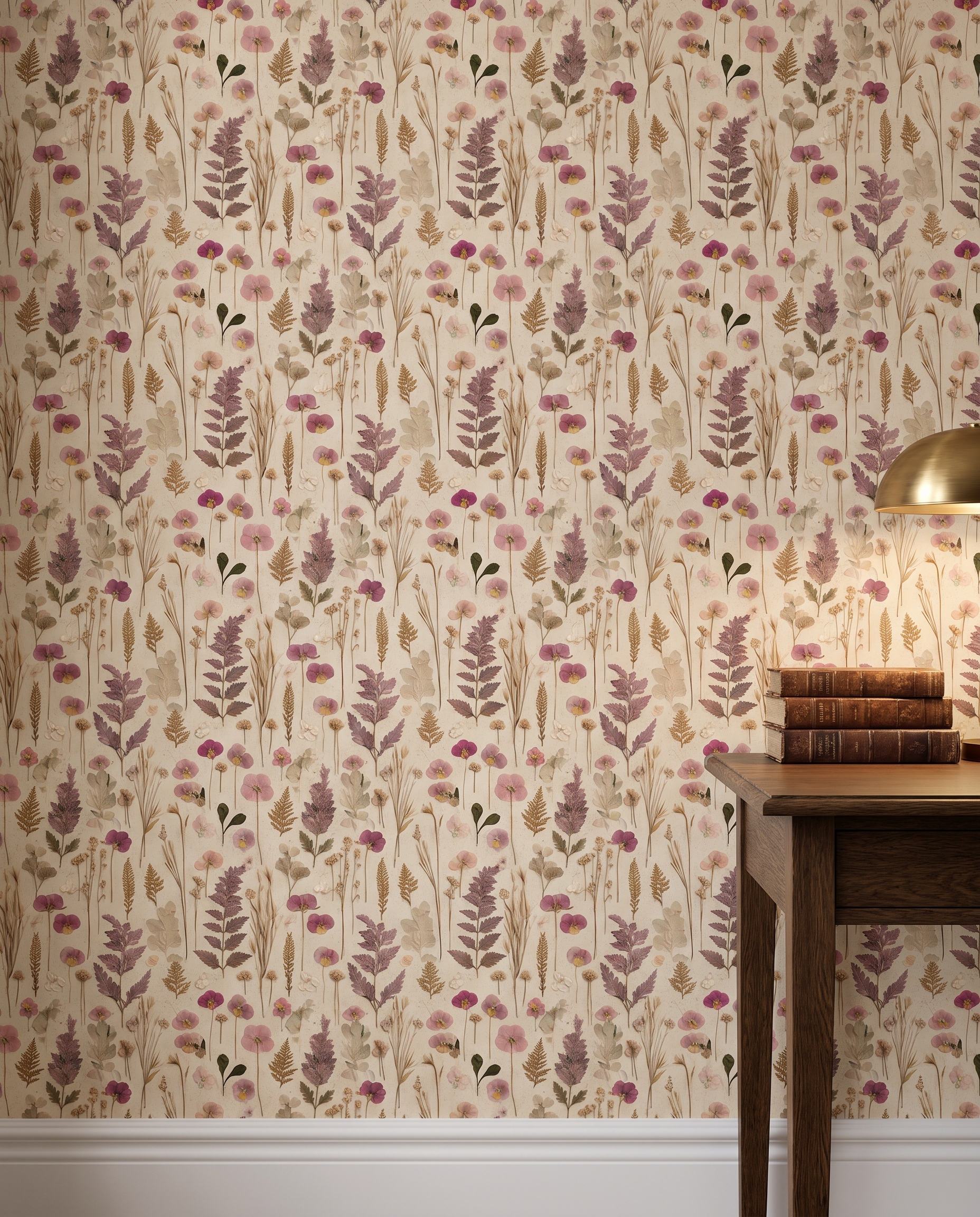 Vintage Pressed Flowers Wallpaper with Pink Pansies and Ferns, Neutral Botanical Peel and Stick Wallpaper for a Cottagecore Bedroom Accent Wall