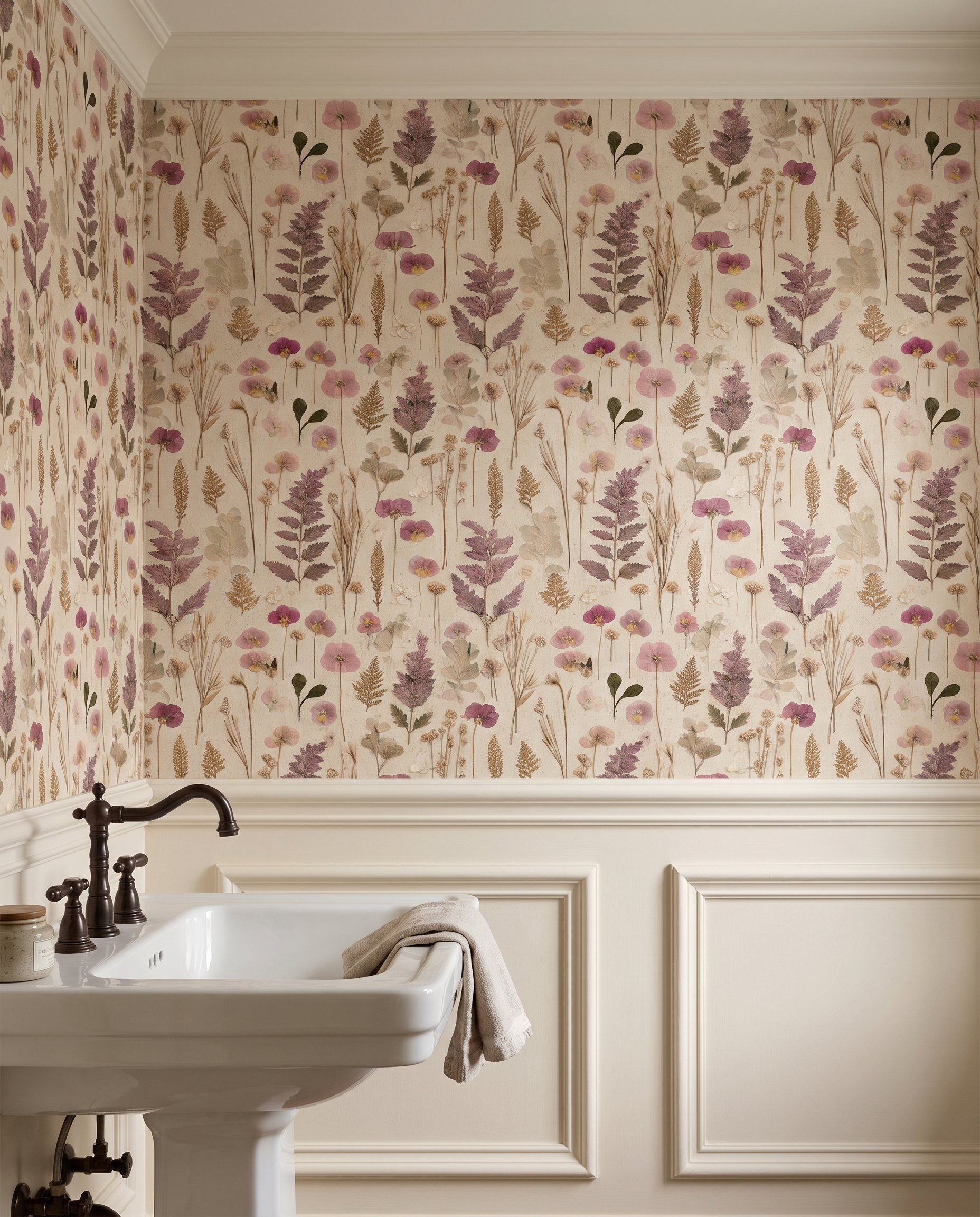 Vintage Pressed Flowers Wallpaper with Pink Pansies and Ferns, Neutral Botanical Peel and Stick Wallpaper for a Cottagecore Bedroom Accent Wall