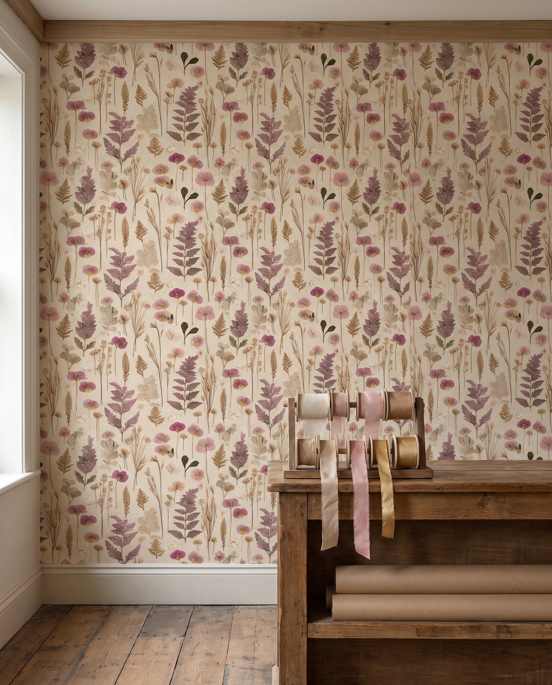Vintage Pressed Flowers Wallpaper with Pink Pansies and Ferns, Neutral Botanical Peel and Stick Wallpaper for a Cottagecore Bedroom Accent Wall