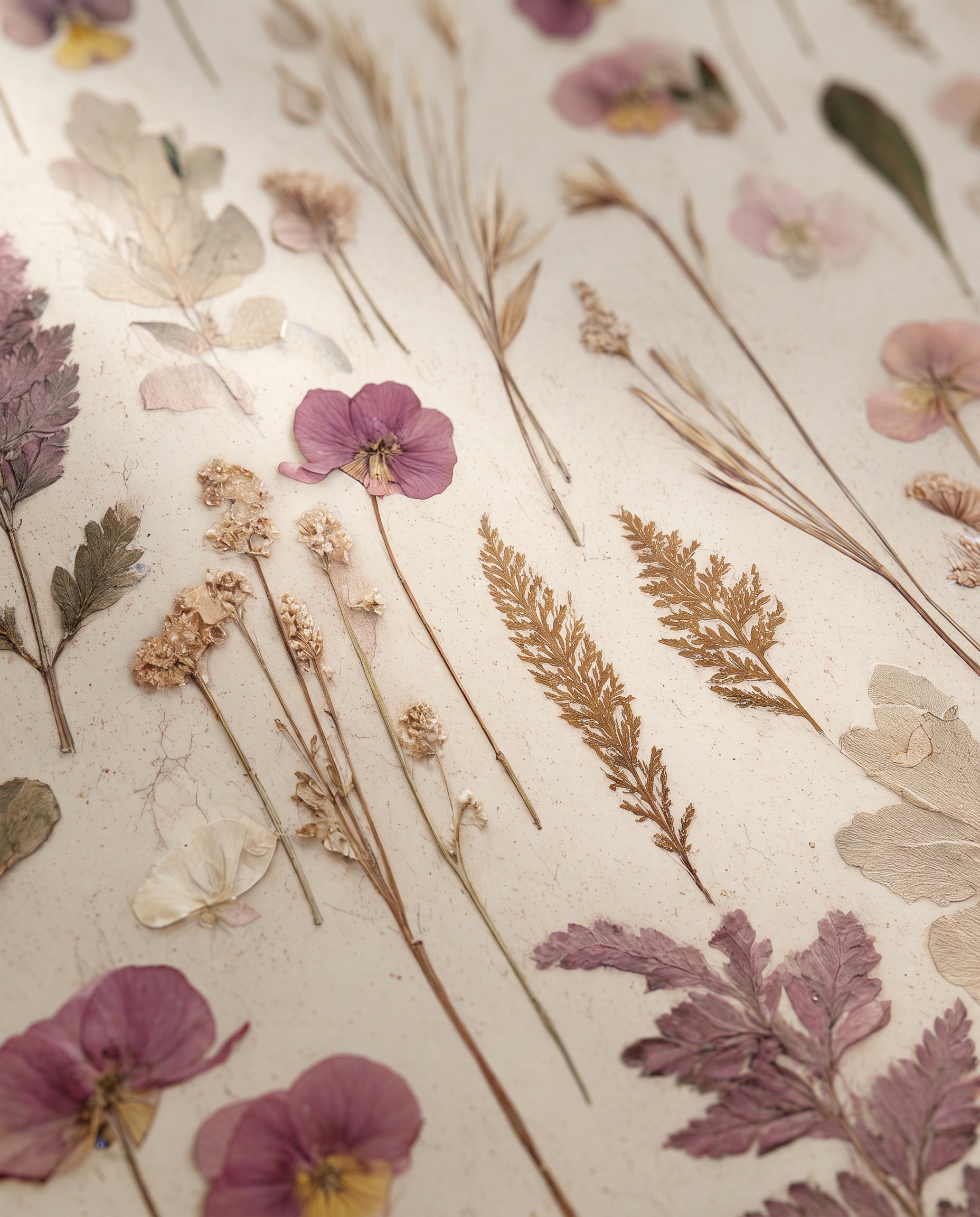 Vintage Pressed Flowers Wallpaper with Pink Pansies and Ferns, Neutral Botanical Peel and Stick Wallpaper for a Cottagecore Bedroom Accent Wall