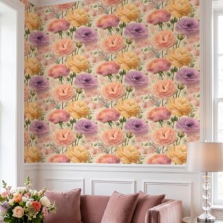 Pastel Ranunculus Garden Wallpaper, Soft Painterly Floral in Pink and Yellow, Removable Peel and Stick Wallpaper for Bedroom Accent Wall