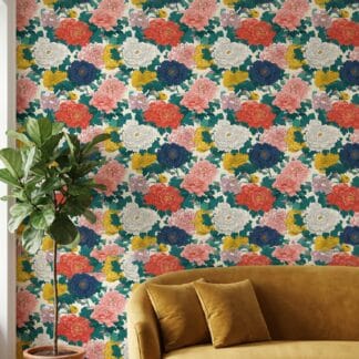 Vintage Chinoiserie Peony Wallpaper in Colorful Floral, Traditional Peel and Stick Wallpaper, Removable Wall Mural for a Bedroom Accent Wall