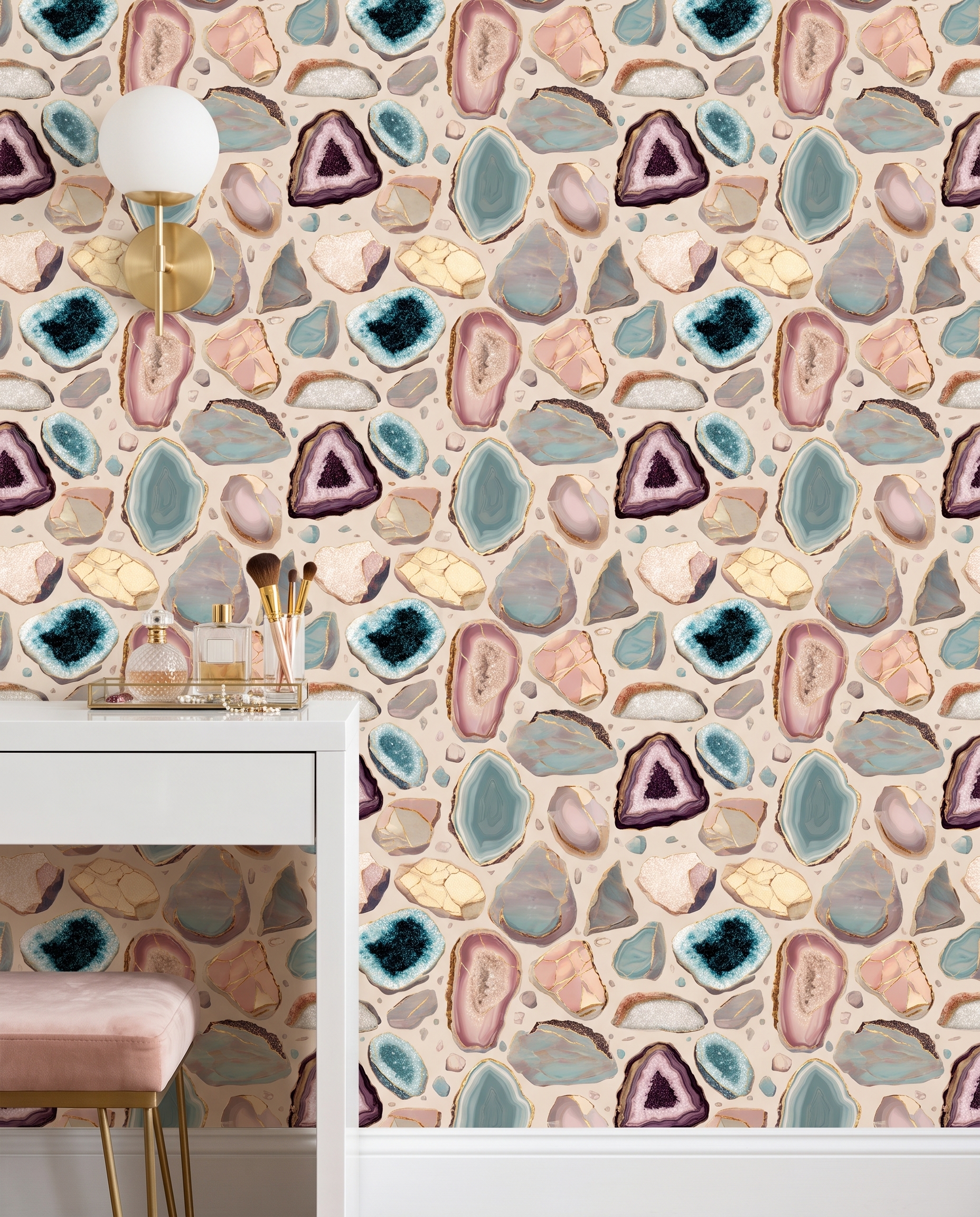 Geode Agate Wallpaper with Gold Veins, Pink and Teal Abstract Crystal Peel and Stick Wallpaper, Removable Wall Mural for Accent Wall