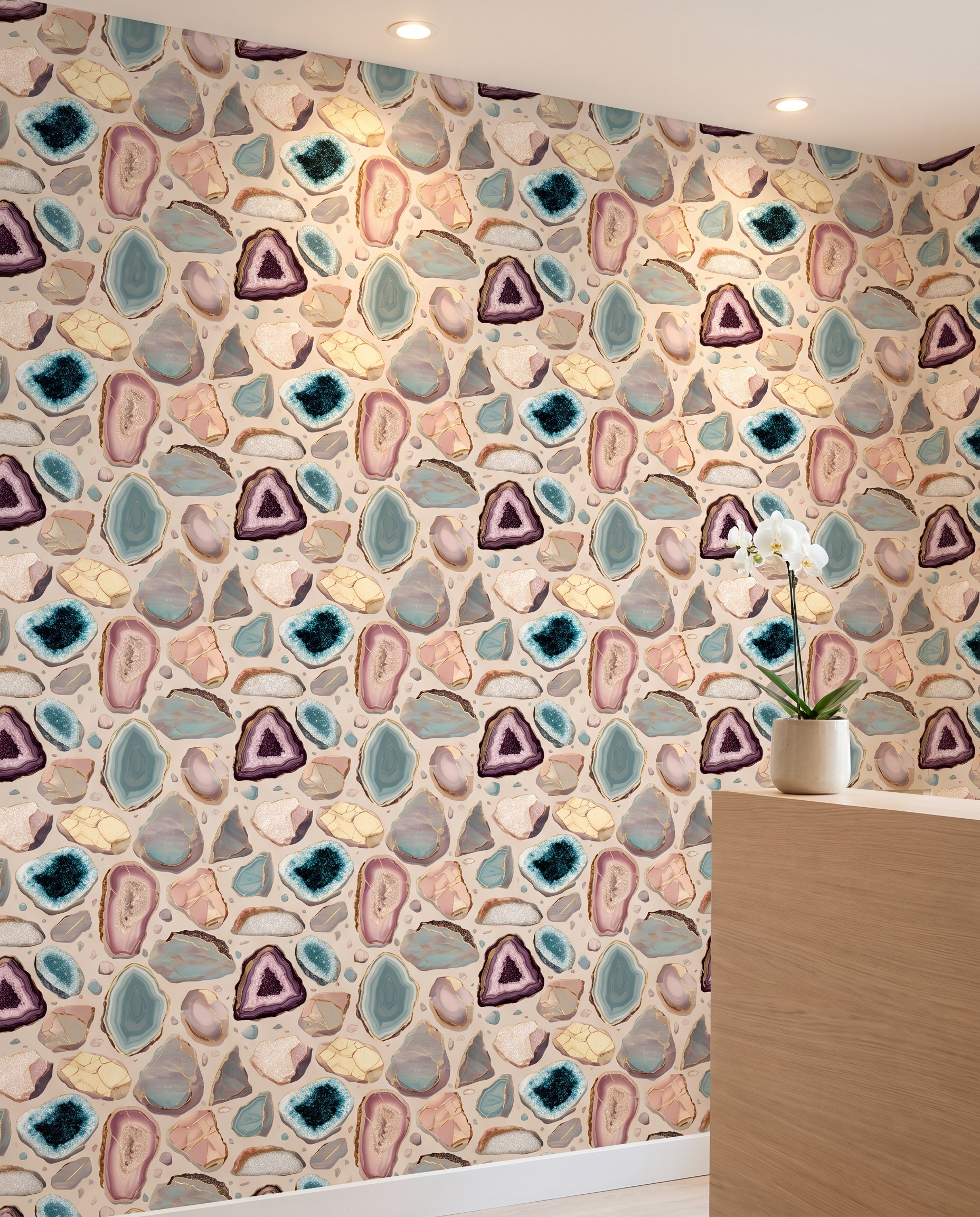 Geode Agate Wallpaper with Gold Veins, Pink and Teal Abstract Crystal Peel and Stick Wallpaper, Removable Wall Mural for Accent Wall