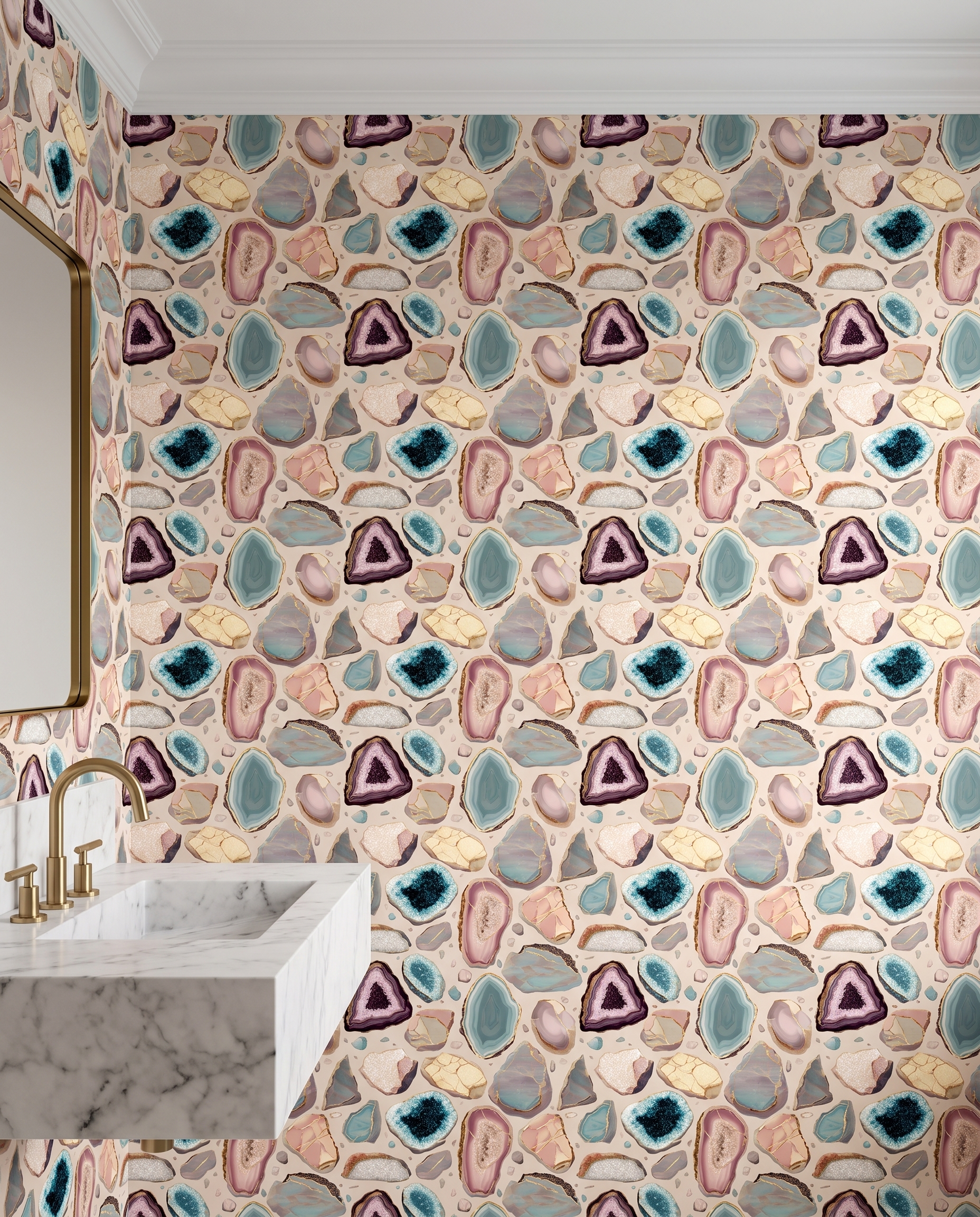 Geode Agate Wallpaper with Gold Veins, Pink and Teal Abstract Crystal Peel and Stick Wallpaper, Removable Wall Mural for Accent Wall