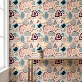 Geode Agate Wallpaper with Gold Veins, Pink and Teal Abstract Crystal Peel and Stick Wallpaper, Removable Wall Mural for Accent Wall