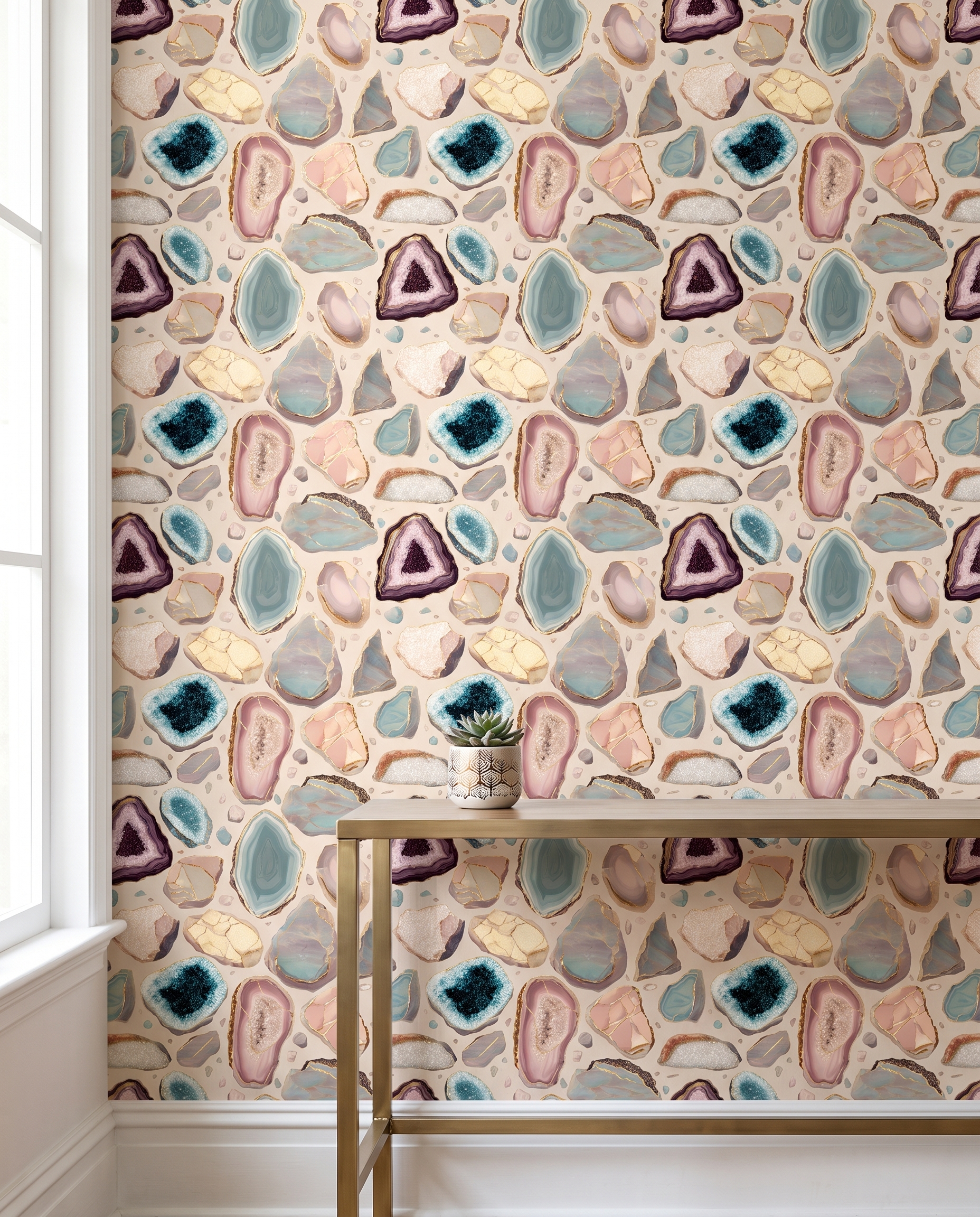 Geode Agate Wallpaper with Gold Veins, Pink and Teal Abstract Crystal Peel and Stick Wallpaper, Removable Wall Mural for Accent Wall
