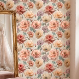 Vintage Peony Wallpaper in Soft Peach and Pink, Romantic Floral Wall Mural, Peel and Stick Wallpaper for a Bedroom Accent Wall