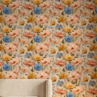 Vintage Wildflower Wallpaper in Pink and Yellow, Painterly Floral Wall Mural, Removable Peel and Stick for Bedroom Accent Wall