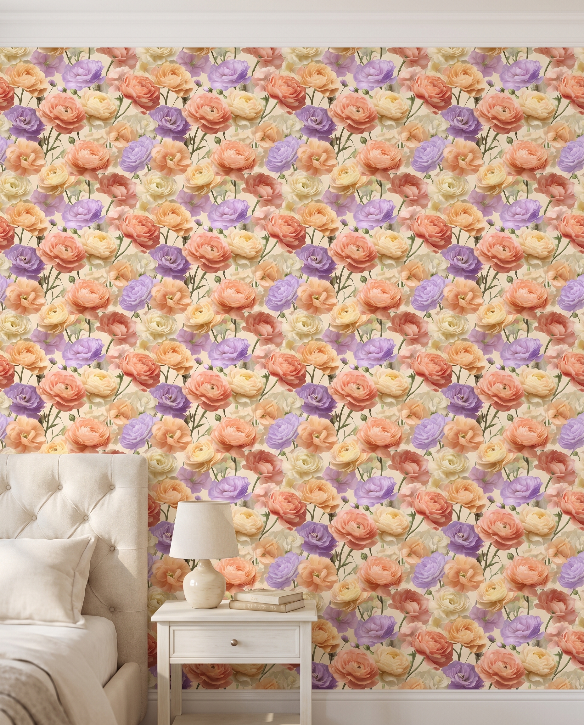 Painterly Ranunculus Floral Wallpaper in Peach and Lavender, Vintage Garden Peel and Stick Wallpaper, Romantic Bedroom Accent Wall Mural
