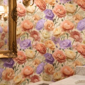 Painterly Ranunculus Floral Wallpaper in Peach and Lavender, Vintage Garden Peel and Stick Wallpaper, Romantic Bedroom Accent Wall Mural