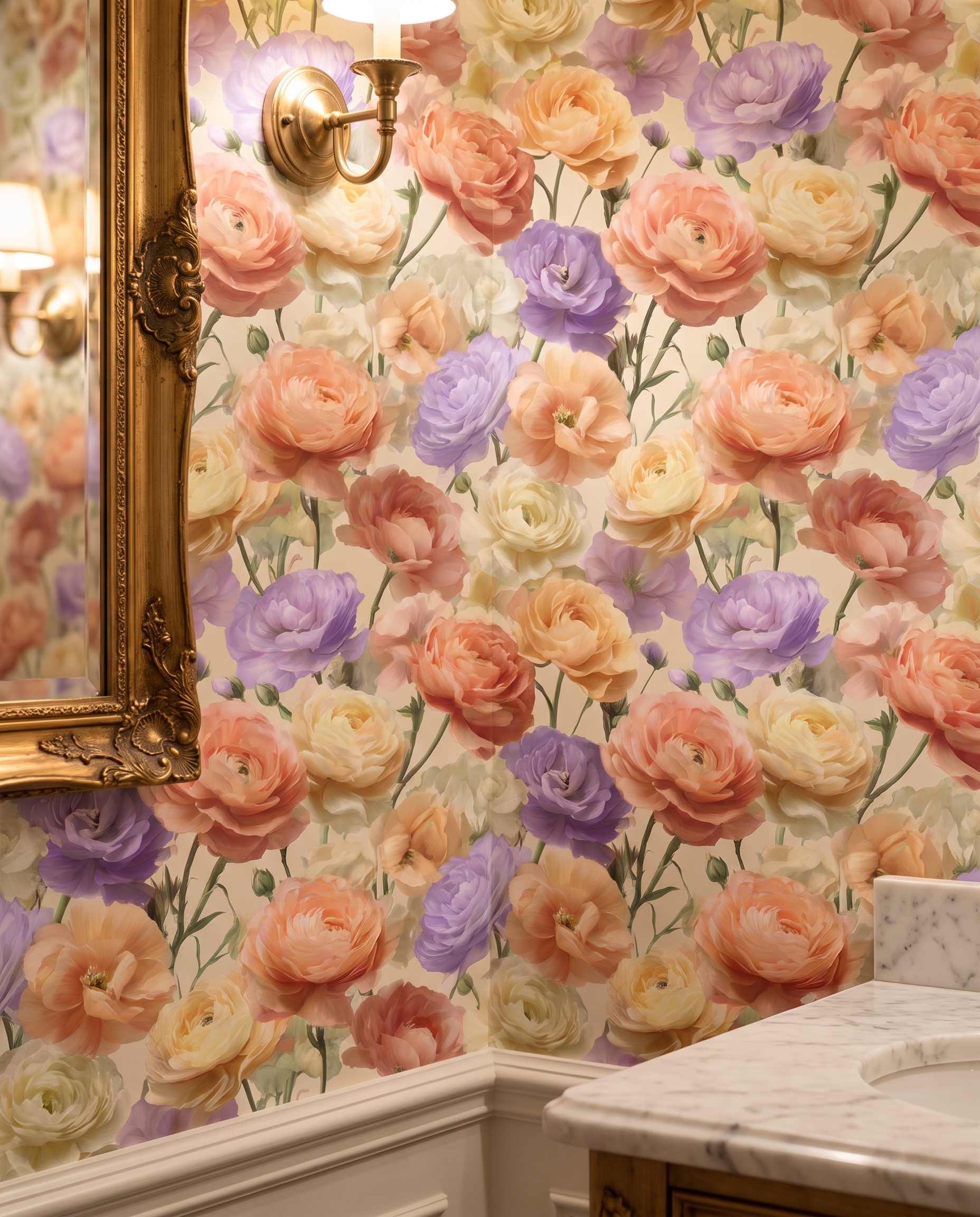Painterly Ranunculus Floral Wallpaper in Peach and Lavender, Vintage Garden Peel and Stick Wallpaper, Romantic Bedroom Accent Wall Mural