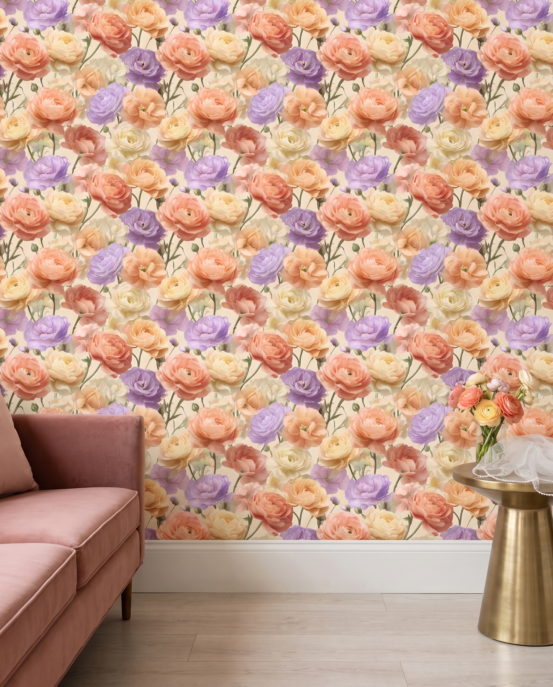 Painterly Ranunculus Floral Wallpaper in Peach and Lavender, Vintage Garden Peel and Stick Wallpaper, Romantic Bedroom Accent Wall Mural