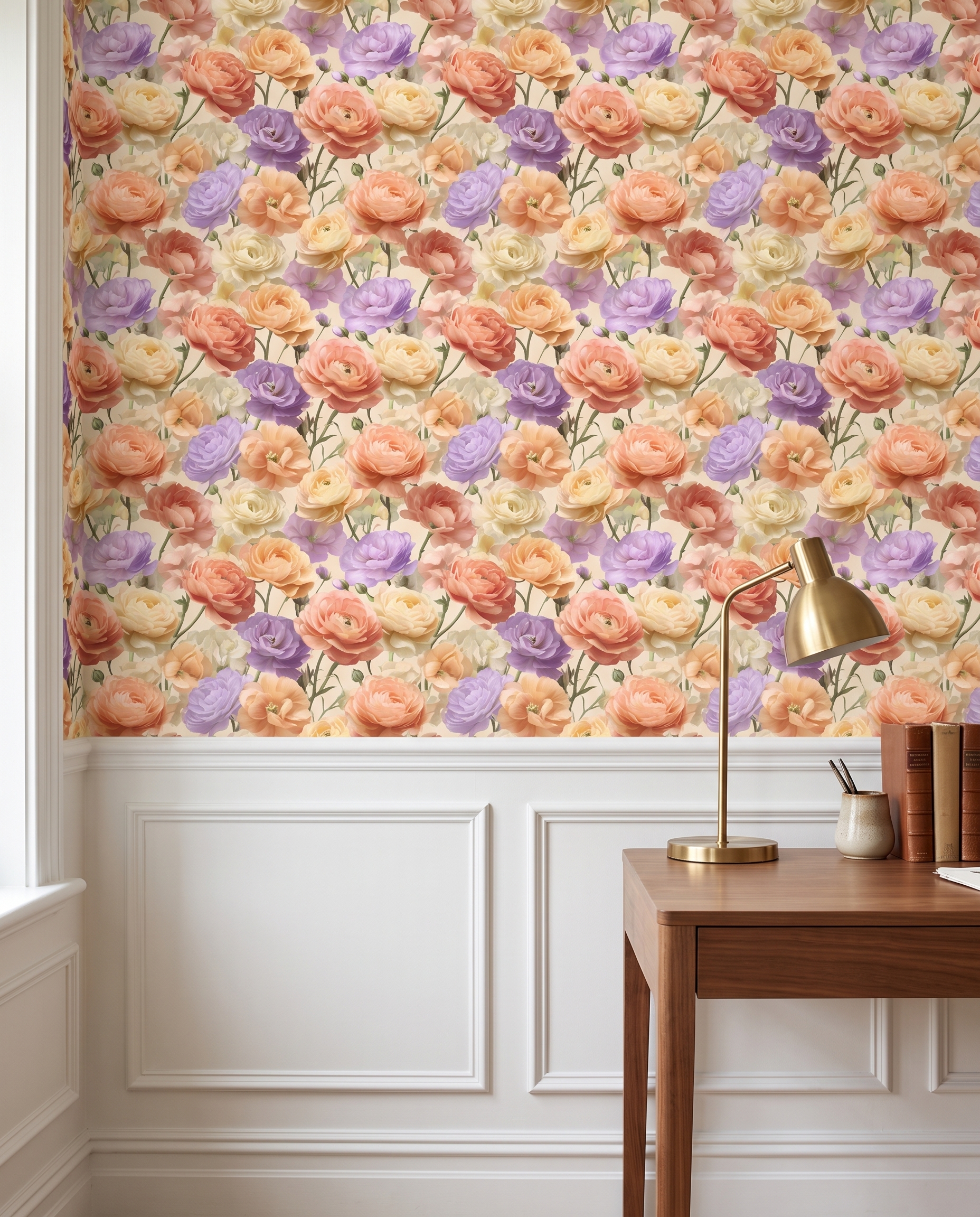 Painterly Ranunculus Floral Wallpaper in Peach and Lavender, Vintage Garden Peel and Stick Wallpaper, Romantic Bedroom Accent Wall Mural
