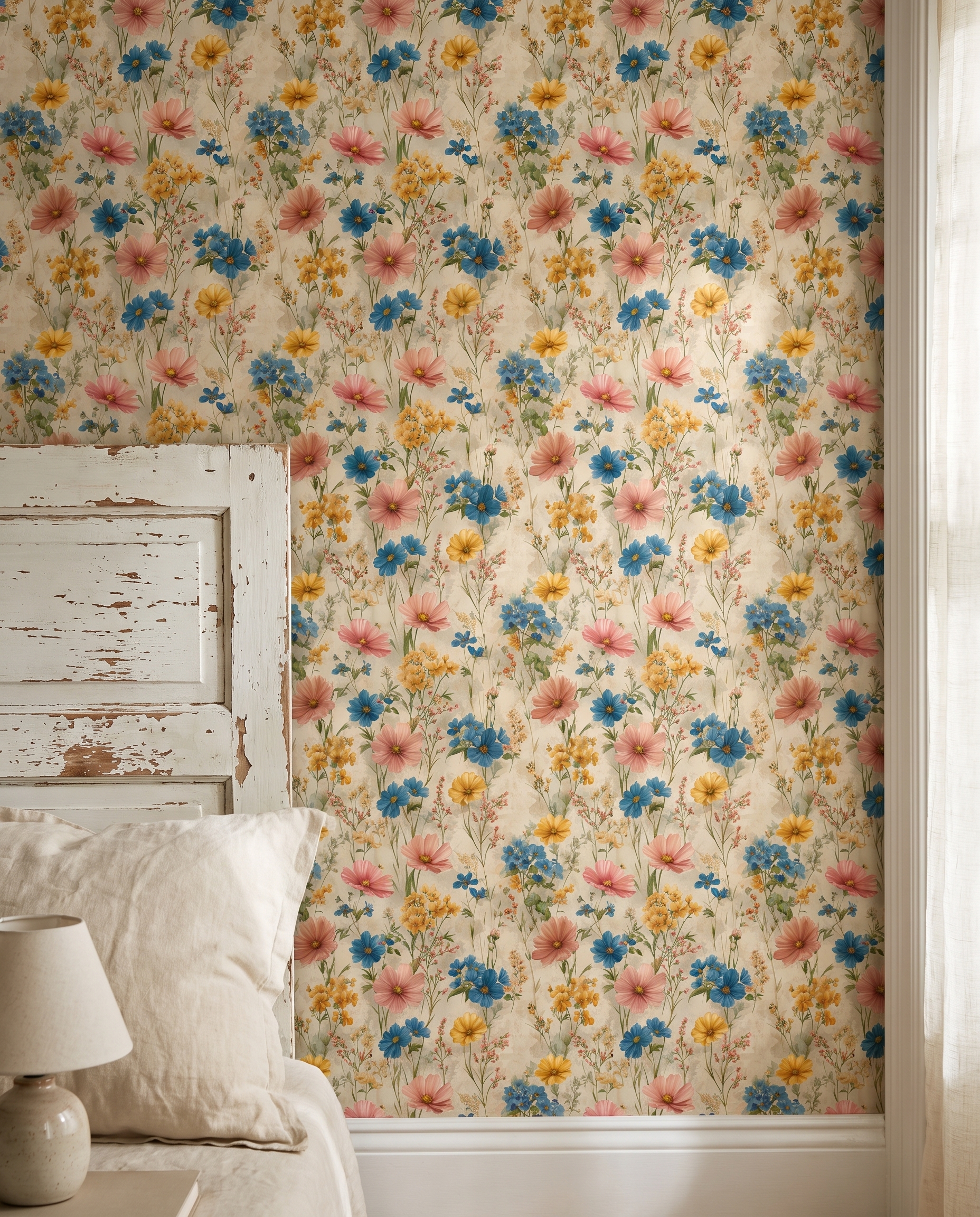 Vintage Wildflower Meadow Wallpaper in Blue and Yellow, Painterly Peel and Stick Wallpaper, Removable Wall Mural for Bedroom Accent Wall