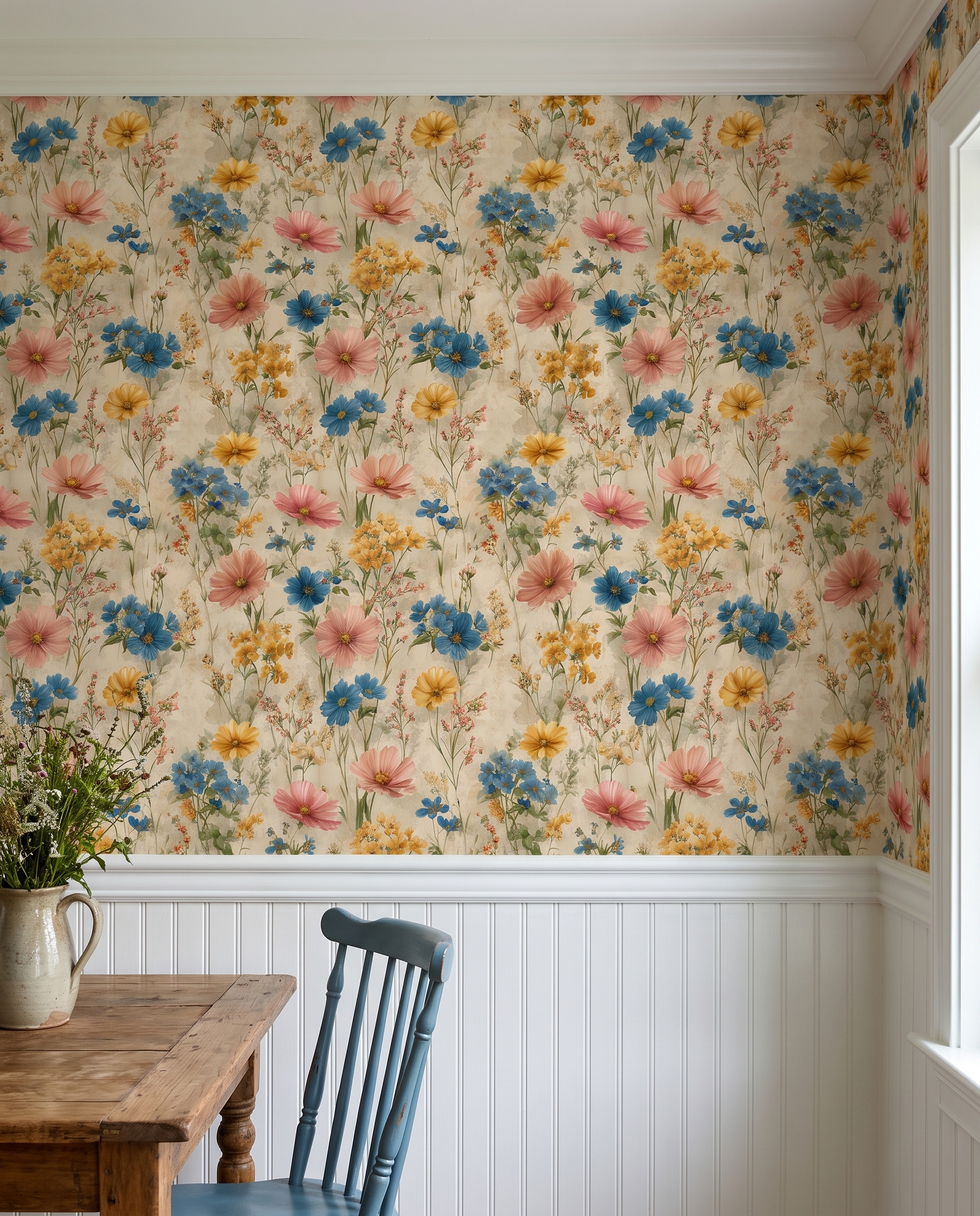 Vintage Wildflower Meadow Wallpaper in Blue and Yellow, Painterly Peel and Stick Wallpaper, Removable Wall Mural for Bedroom Accent Wall