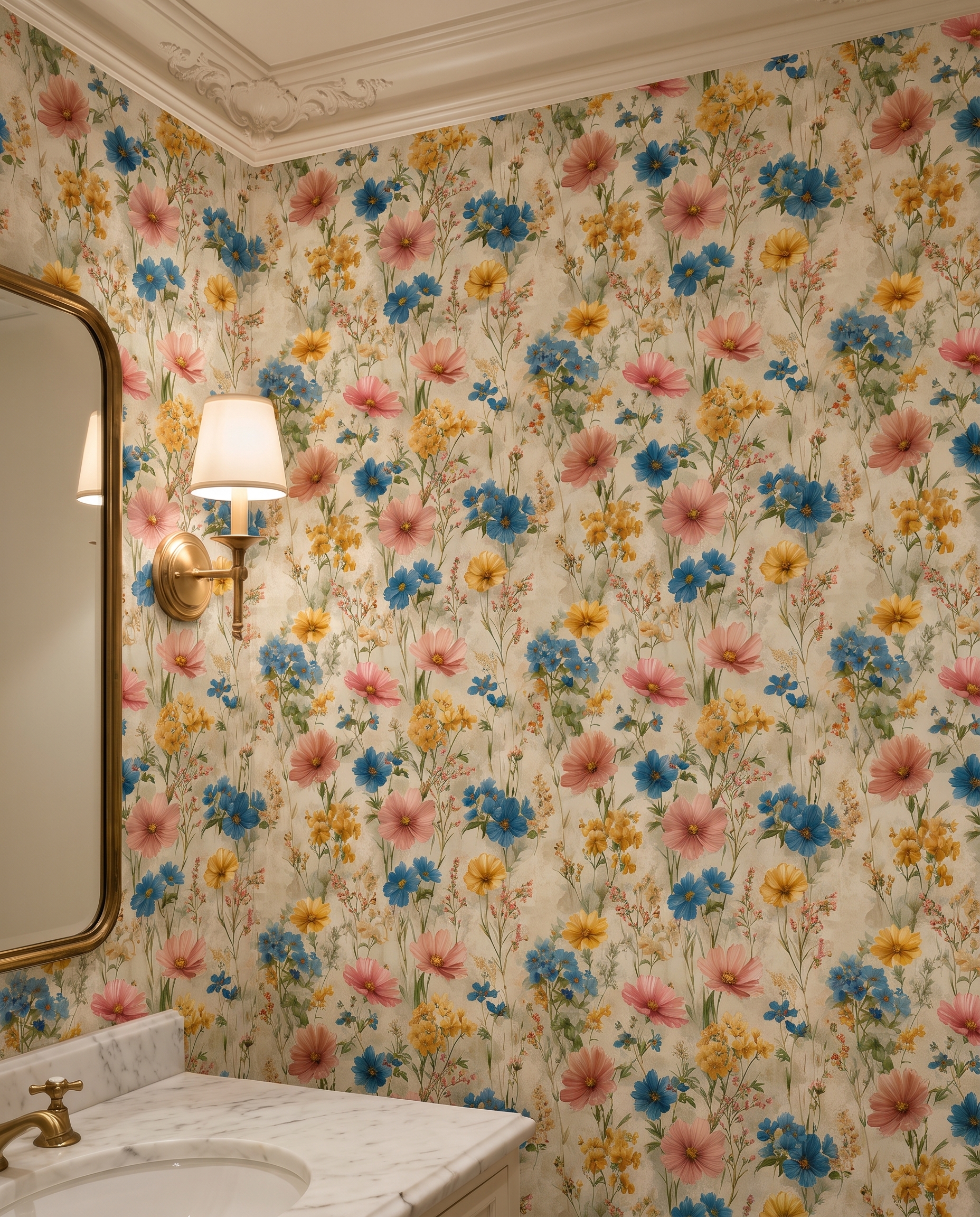Vintage Wildflower Meadow Wallpaper in Blue and Yellow, Painterly Peel and Stick Wallpaper, Removable Wall Mural for Bedroom Accent Wall