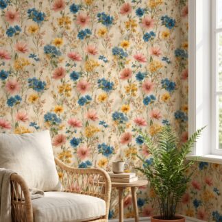 Vintage Wildflower Meadow Wallpaper in Blue and Yellow, Painterly Peel and Stick Wallpaper, Removable Wall Mural for Bedroom Accent Wall