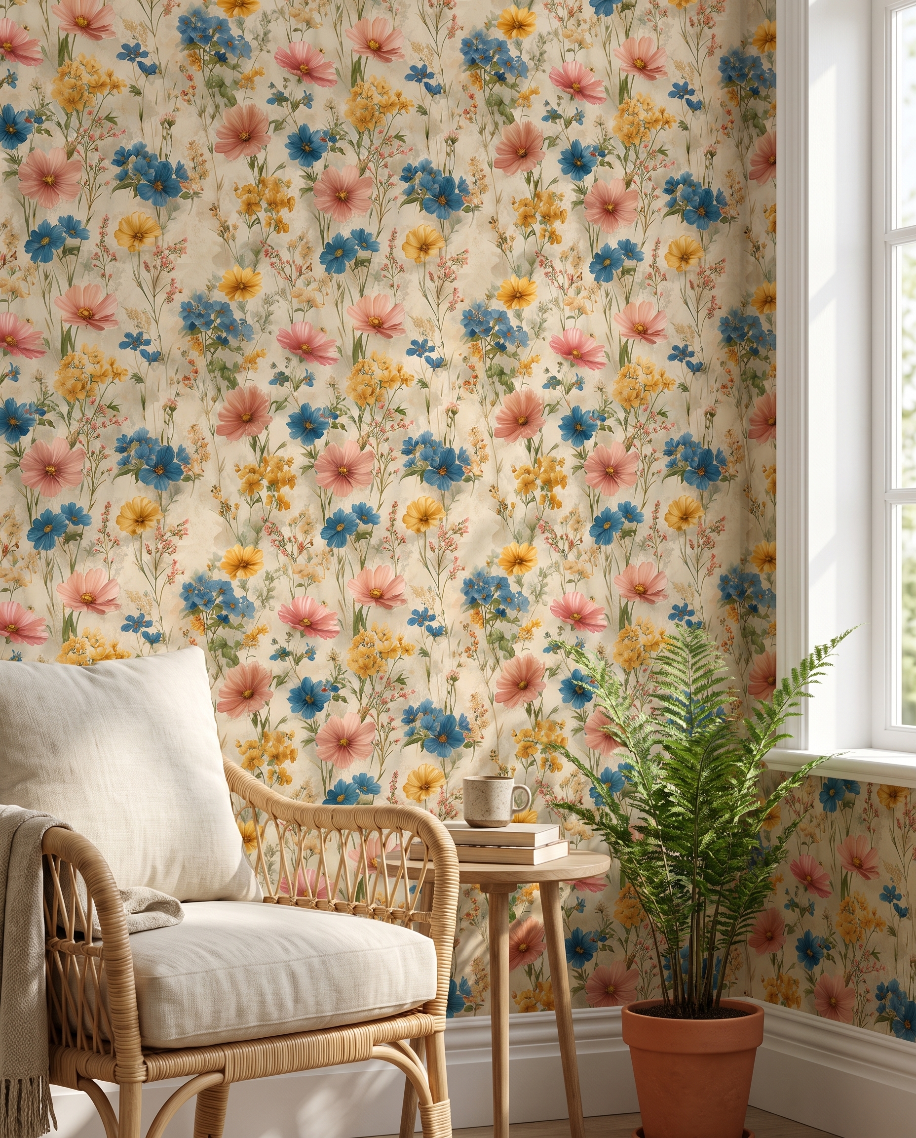 Vintage Wildflower Meadow Wallpaper in Blue and Yellow, Painterly Peel and Stick Wallpaper, Removable Wall Mural for Bedroom Accent Wall