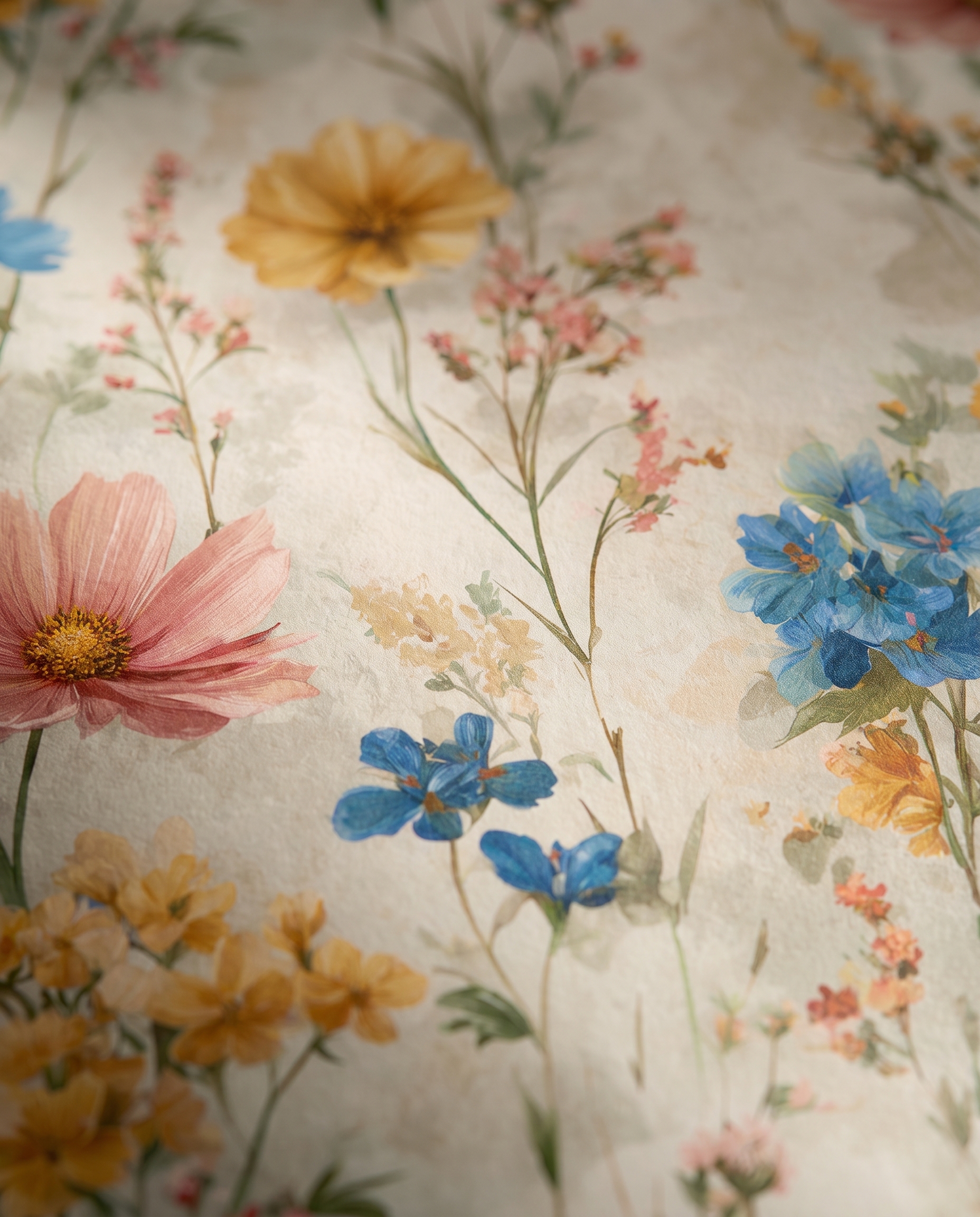 Vintage Wildflower Meadow Wallpaper in Blue and Yellow, Painterly Peel and Stick Wallpaper, Removable Wall Mural for Bedroom Accent Wall