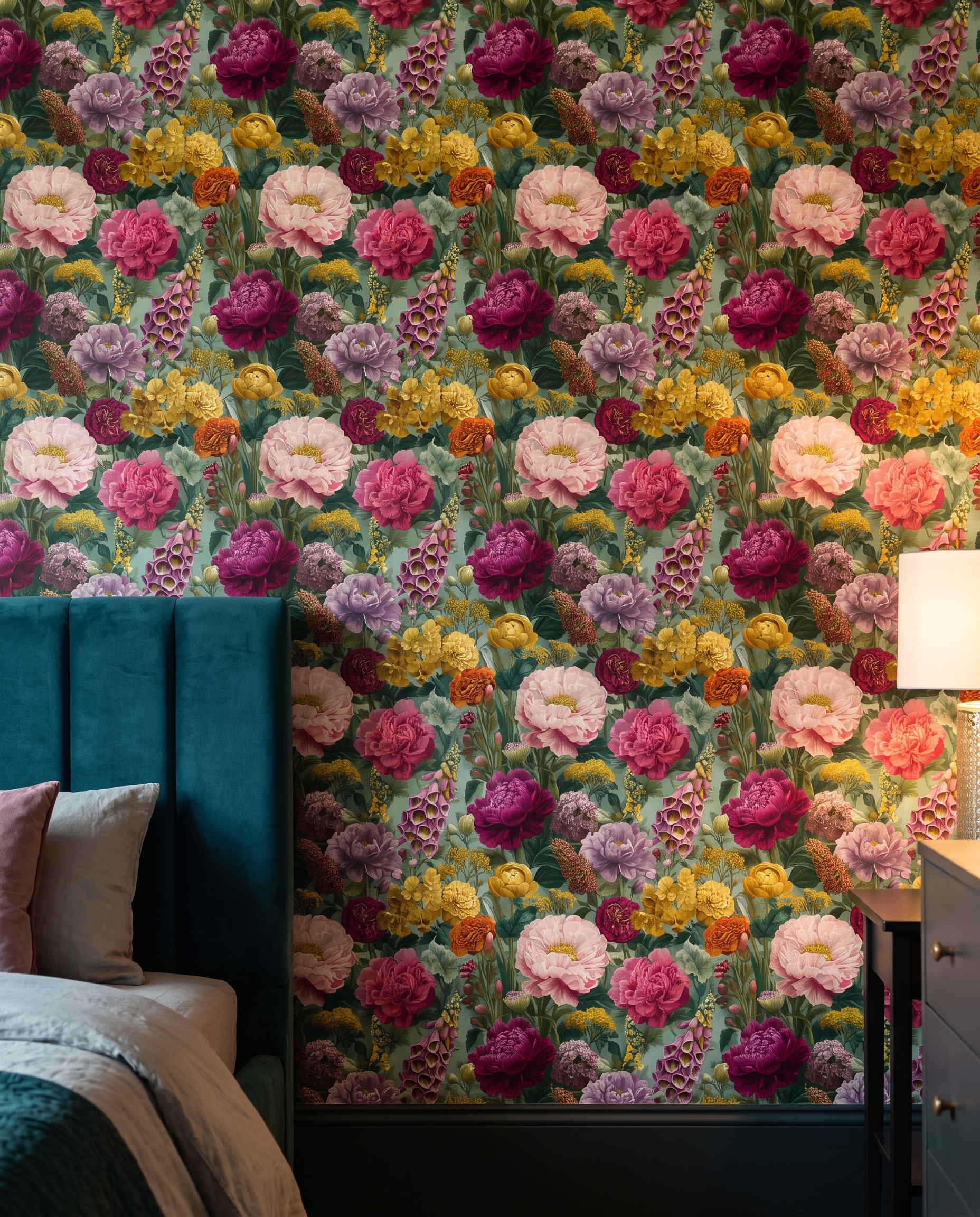 Vintage Peony and Foxglove Wallpaper, Lush Botanical Garden Mural in Pink and Yellow, Removable Peel and Stick Wallpaper for Bedroom Accent Wall