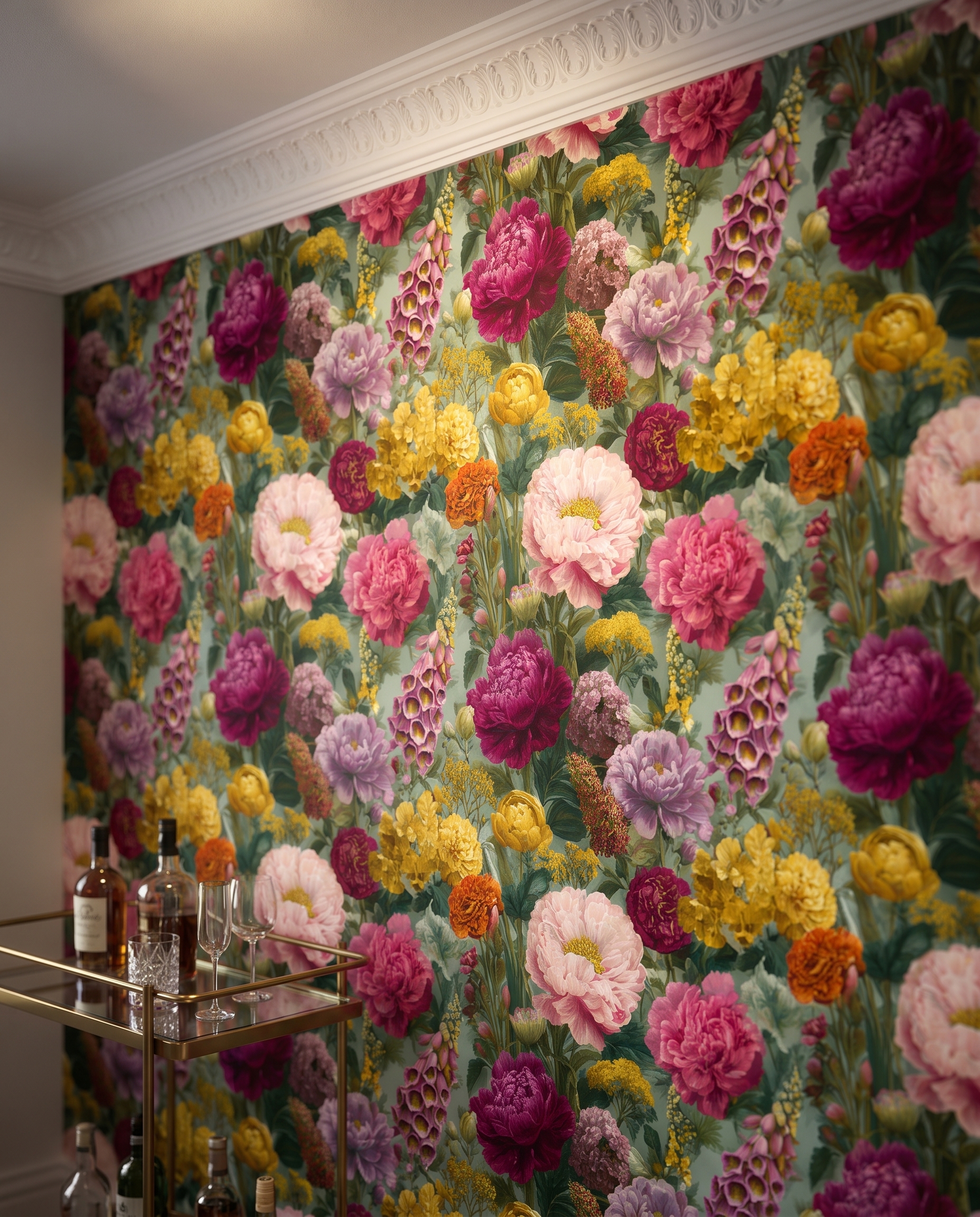 Vintage Peony and Foxglove Wallpaper, Lush Botanical Garden Mural in Pink and Yellow, Removable Peel and Stick Wallpaper for Bedroom Accent Wall