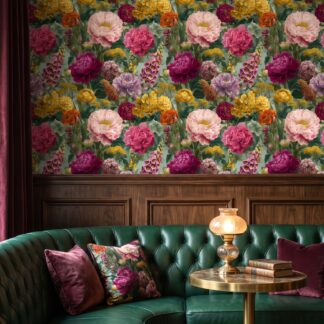 Vintage Peony and Foxglove Wallpaper, Lush Botanical Garden Mural in Pink and Yellow, Removable Peel and Stick Wallpaper for Bedroom Accent Wall