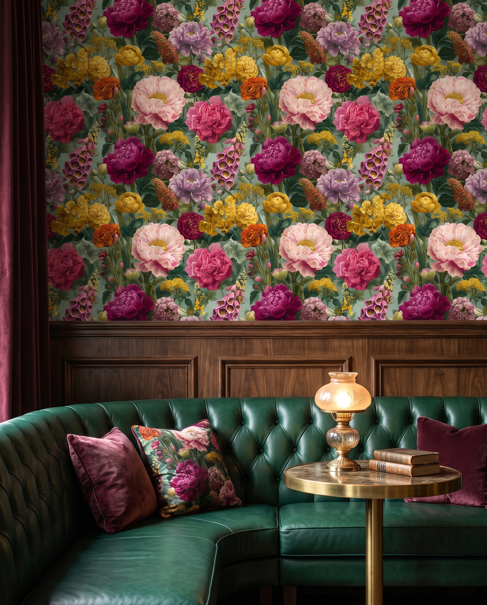 Vintage Peony and Foxglove Wallpaper, Lush Botanical Garden Mural in Pink and Yellow, Removable Peel and Stick Wallpaper for Bedroom Accent Wall