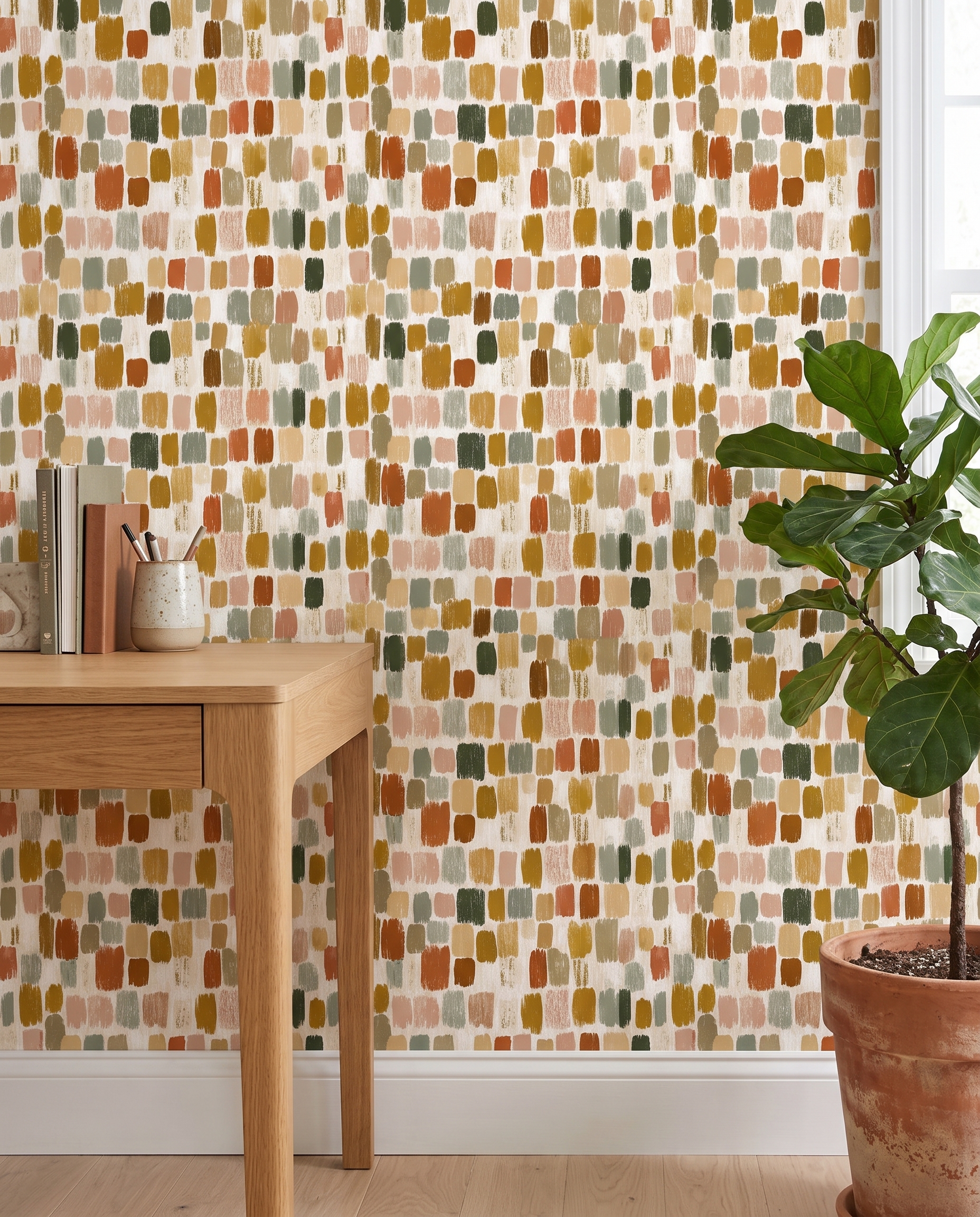 Abstract Brushstroke Wallpaper in Earthy Tones, Terracotta and Sage Peel and Stick Wallpaper, Removable Self Adhesive for Bedroom Accent Wall