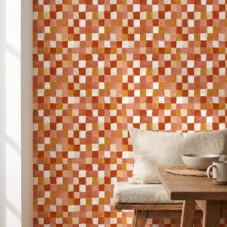 Painted Checkerboard Grid in Terracotta and Ochre, Abstract Geometric Wallpaper, Removable Peel and Stick Wallpaper for Accent Wall
