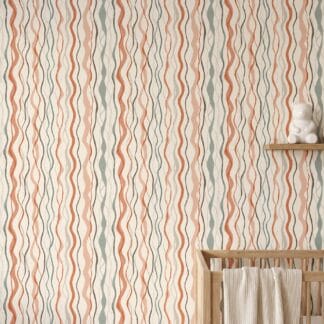 Abstract Wavy Lines Wallpaper in Terracotta and Sage, Contemporary Hand-Drawn Stripe Peel and Stick Wallpaper for a Modern Accent Wall