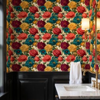 Vintage Engraved Floral Wallpaper in Teal and Red, Peel and Stick Wall Mural, Moody Botanical for a Living Room Accent Wall