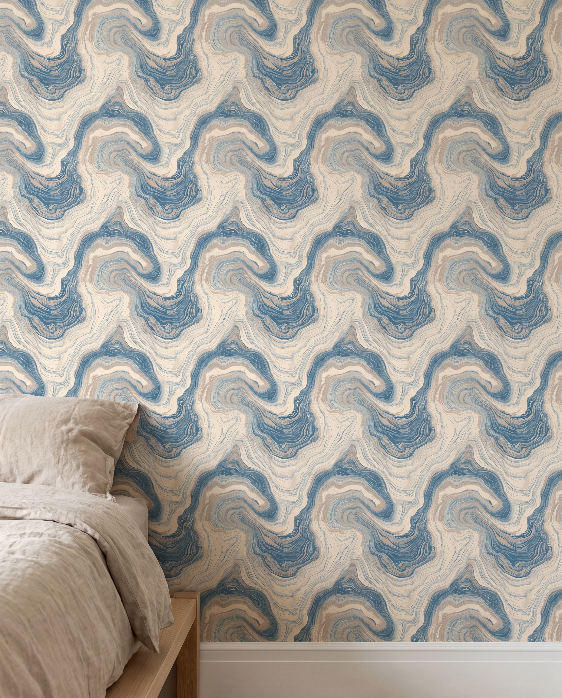 Blue and Beige Marble Wallpaper, Abstract Fluid Lines, Peel and Stick Wallpaper, Removable Wall Mural for Modern Bedroom Accent Wall