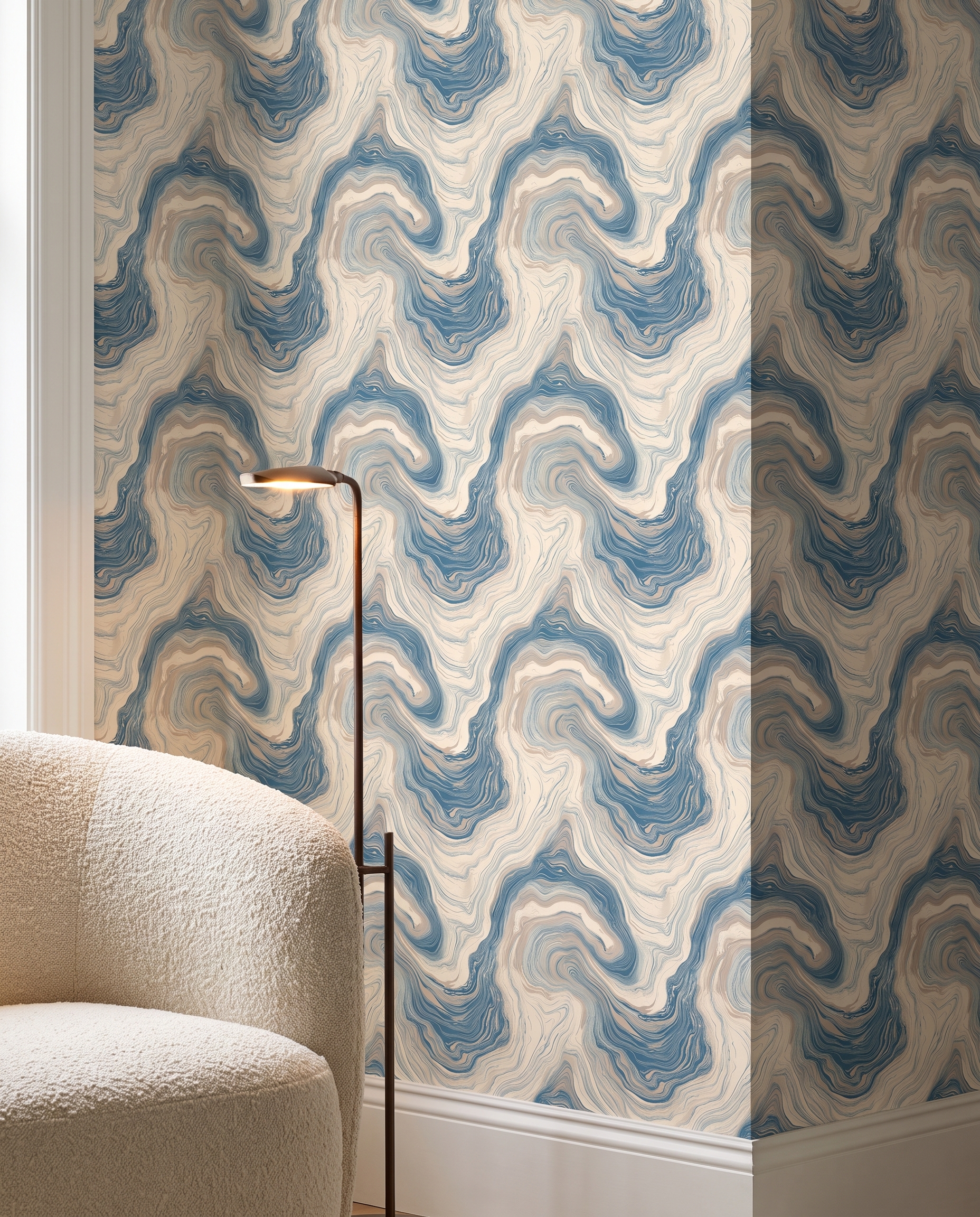 Blue and Beige Marble Wallpaper, Abstract Fluid Lines, Peel and Stick Wallpaper, Removable Wall Mural for Modern Bedroom Accent Wall