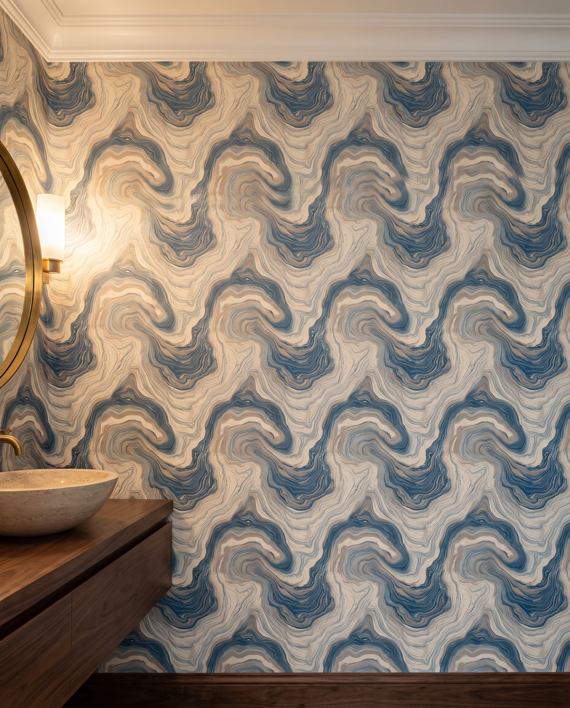 Blue and Beige Marble Wallpaper, Abstract Fluid Lines, Peel and Stick Wallpaper, Removable Wall Mural for Modern Bedroom Accent Wall