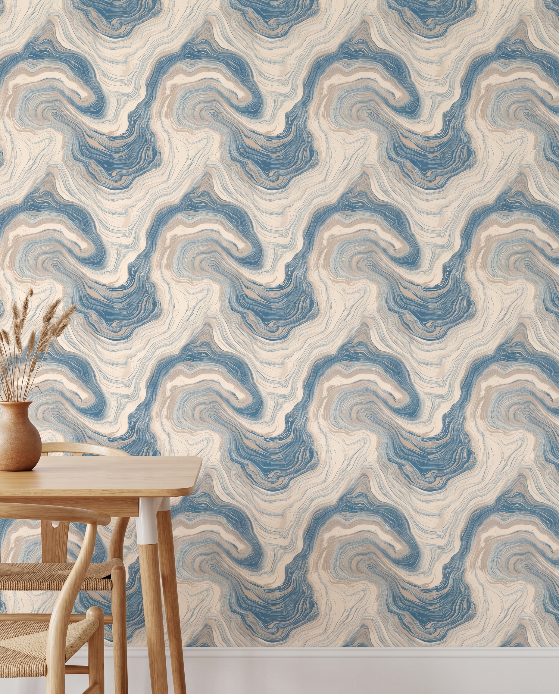 Blue and Beige Marble Wallpaper, Abstract Fluid Lines, Peel and Stick Wallpaper, Removable Wall Mural for Modern Bedroom Accent Wall