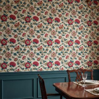 Vintage Embroidered Floral Wallpaper in Pink and Blue, Jacobean Crewelwork Wall Mural, Removable Wallpaper for a Bedroom Accent Wall